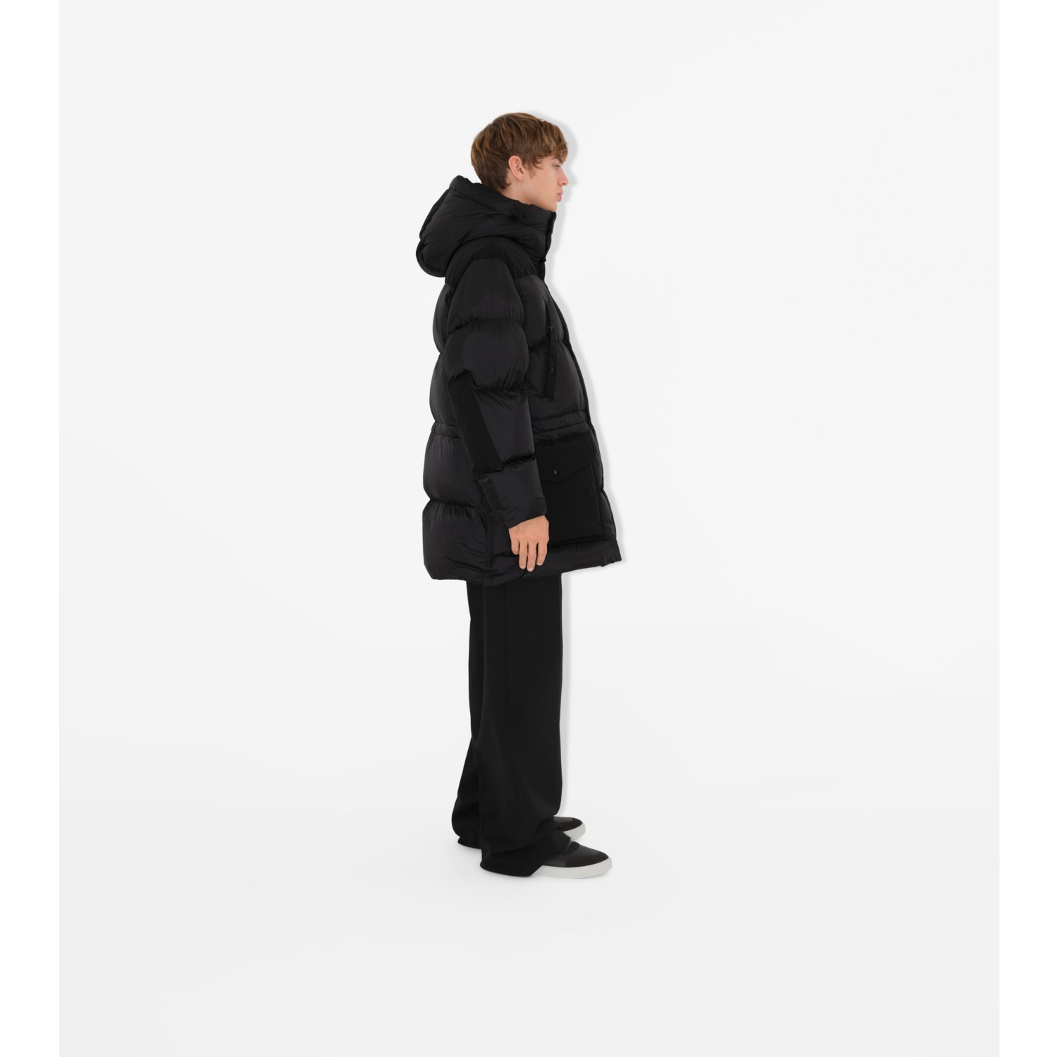 Black Soft Nylon Padded Panel Longline Puffer