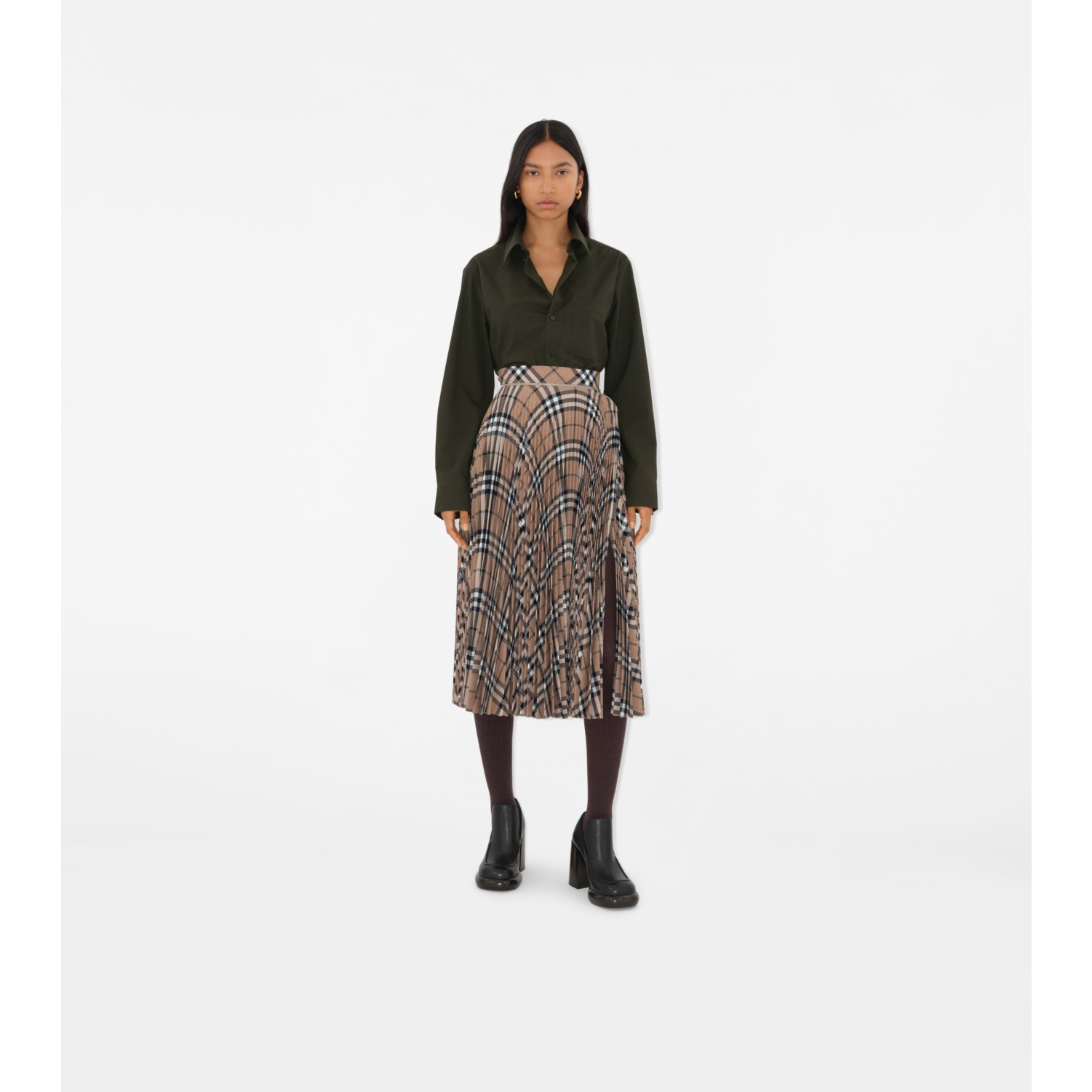 Pleated Check Wool Blend Skirt