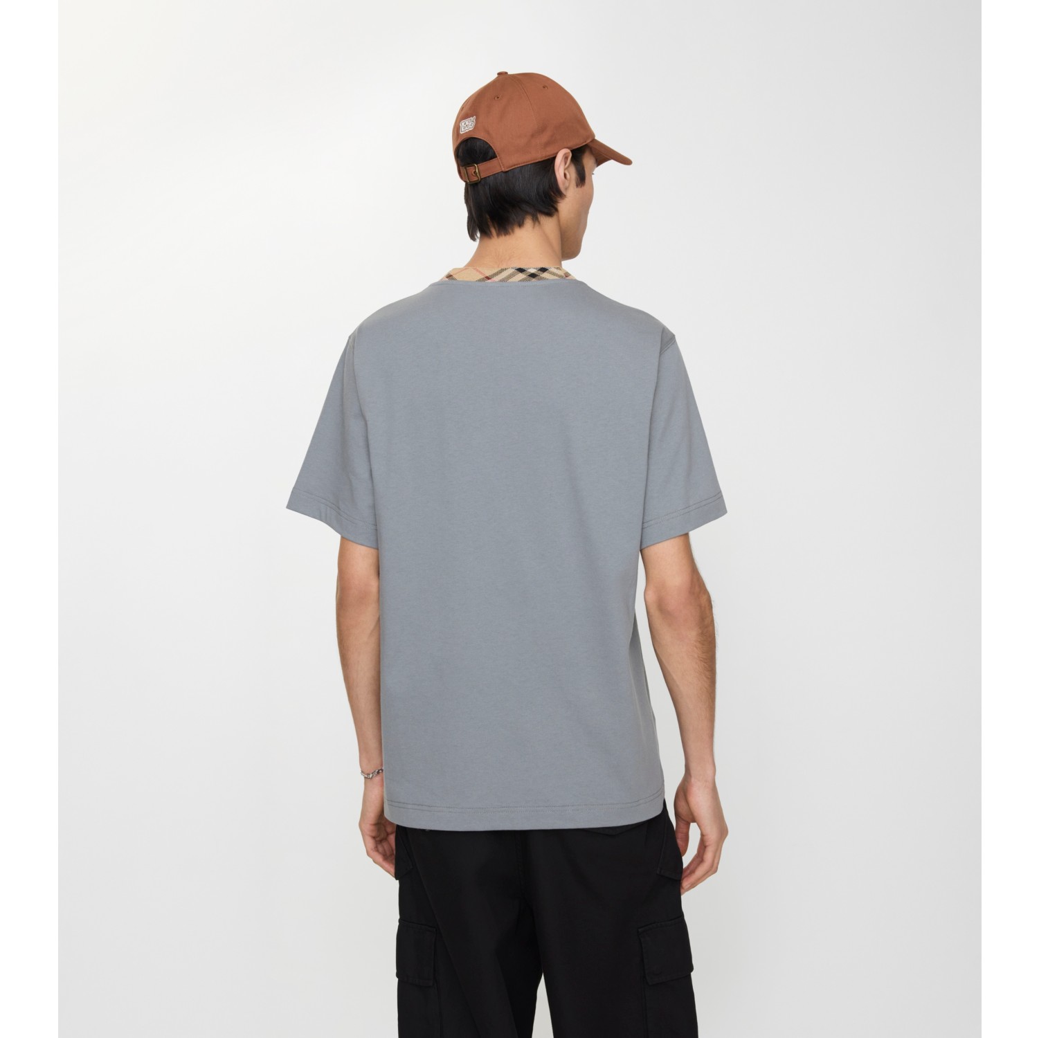 Check Trim Cotton T-shirt in Forecast grey - Men | Burberry® Official