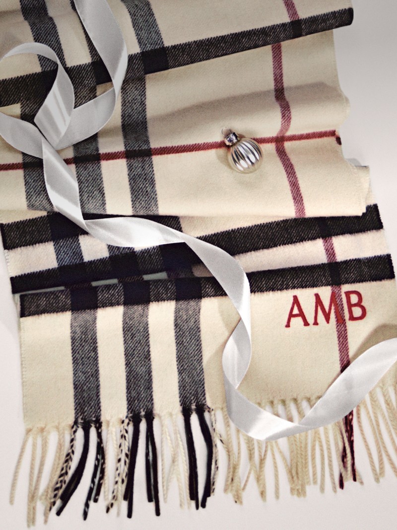 Burberry Festive Campaign check scarf with initial personalisation and festive decorations. 