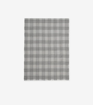 Wide Embellished Check Wool Silk Blend Scarf in Mitten grey