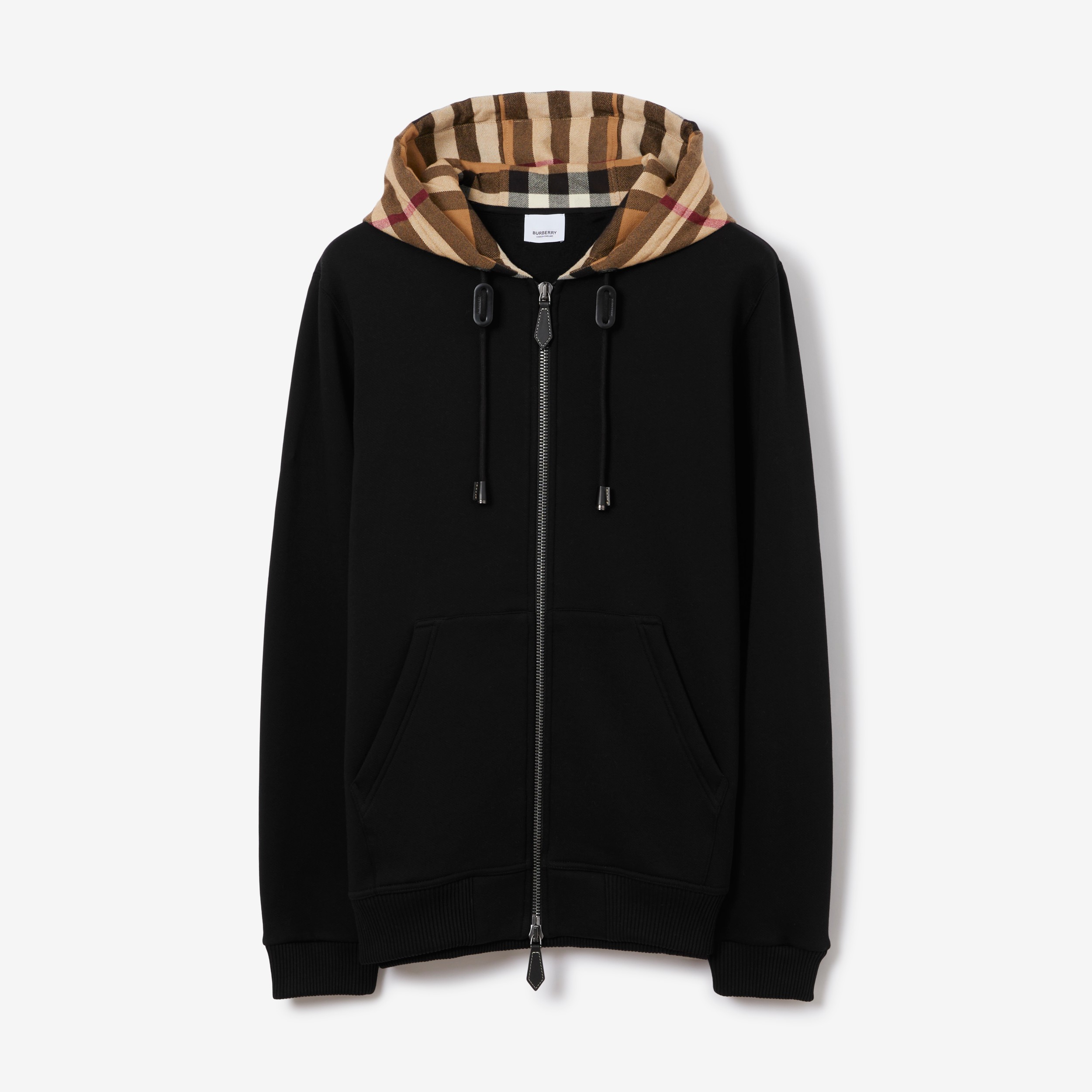 Check Hood Cotton Blend Zip Hoodie in Black/birch Brown | Burberry® Official