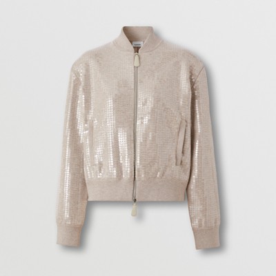 Shop Burberry Sequinned Cashmere Cotton Blend Bomber Jacket In Beige Melange