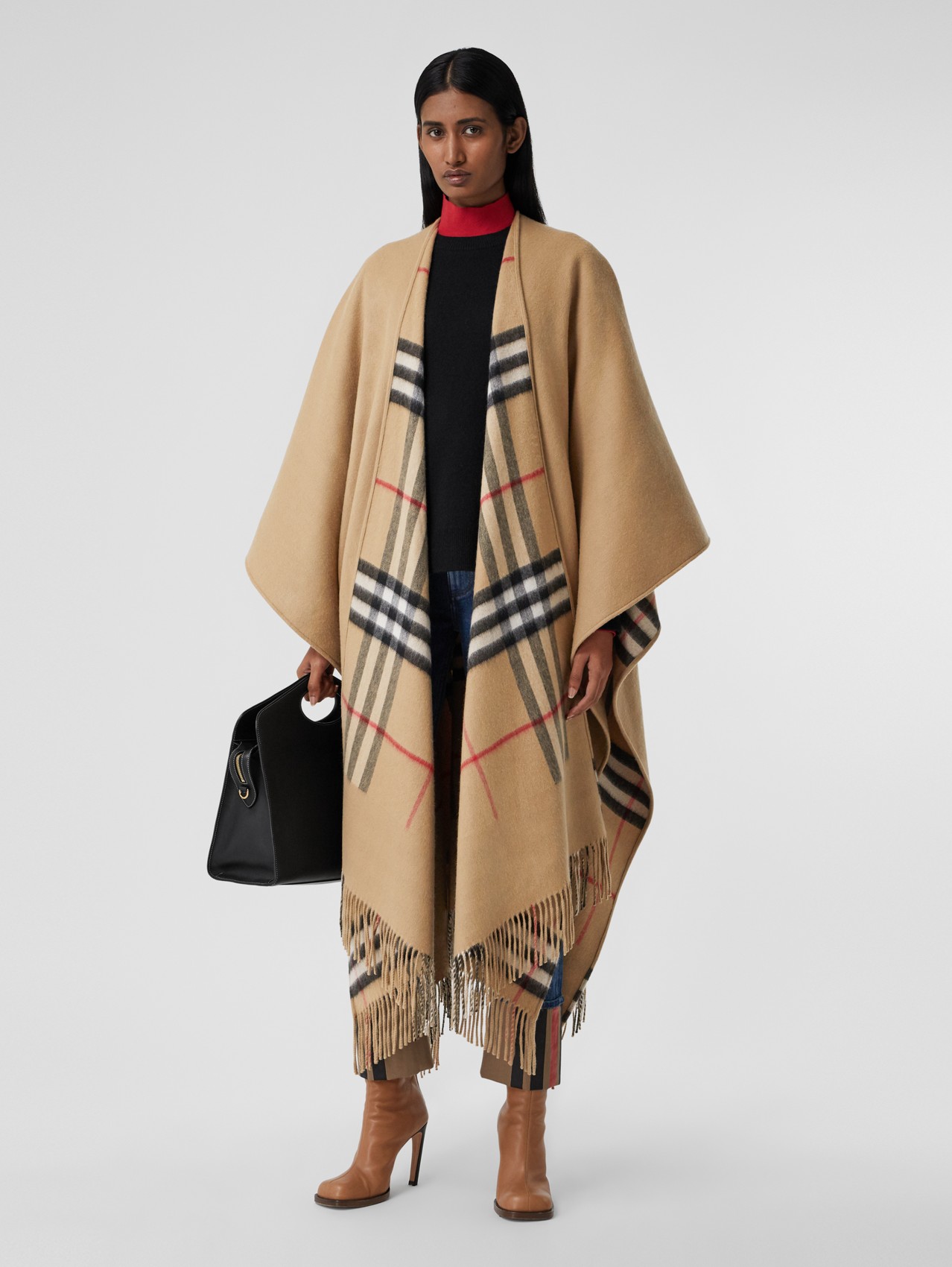 Reversible Check Wool Cashmere Cape in Archive Beige