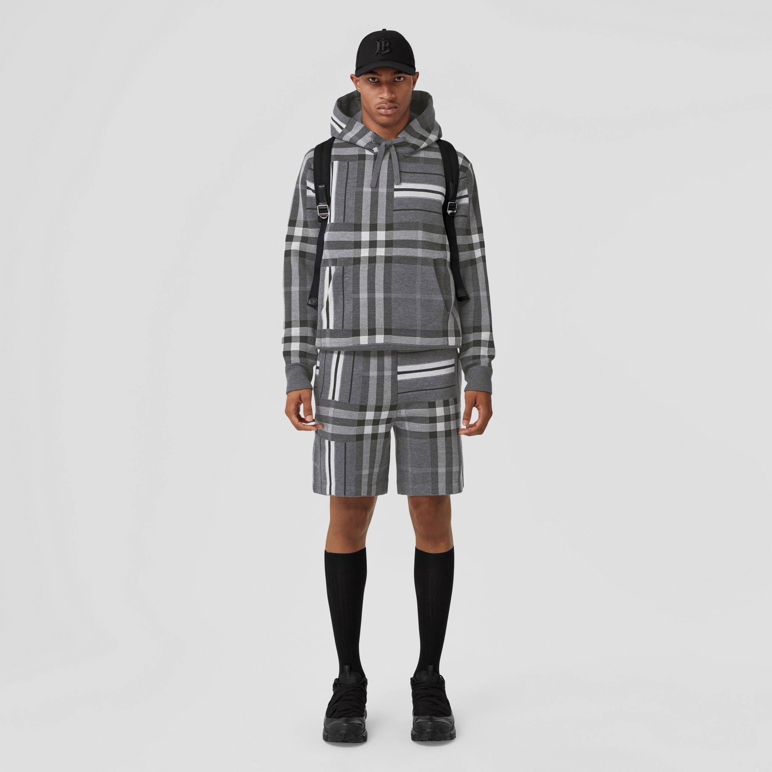 Check and Stripe Wool Blend Jacquard Shorts in Dark Grey Melange - Men | Burberry® Official - 1