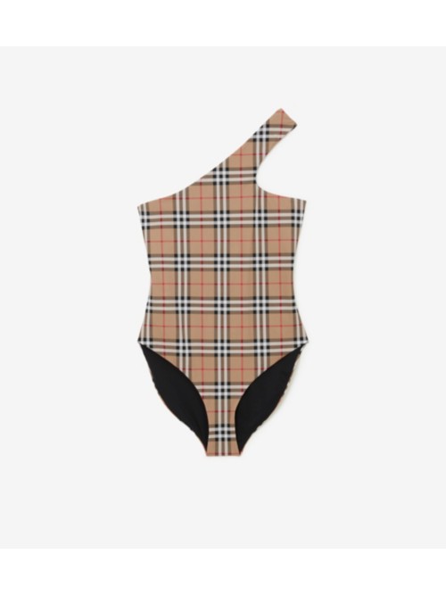 Shop Burberry Check Stretch Nylon Asymmetric Swimsuit In Archive Beige
