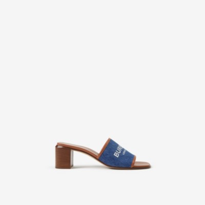Burberry Label Print Denim And Leather 55mm Mules In Tan/denim