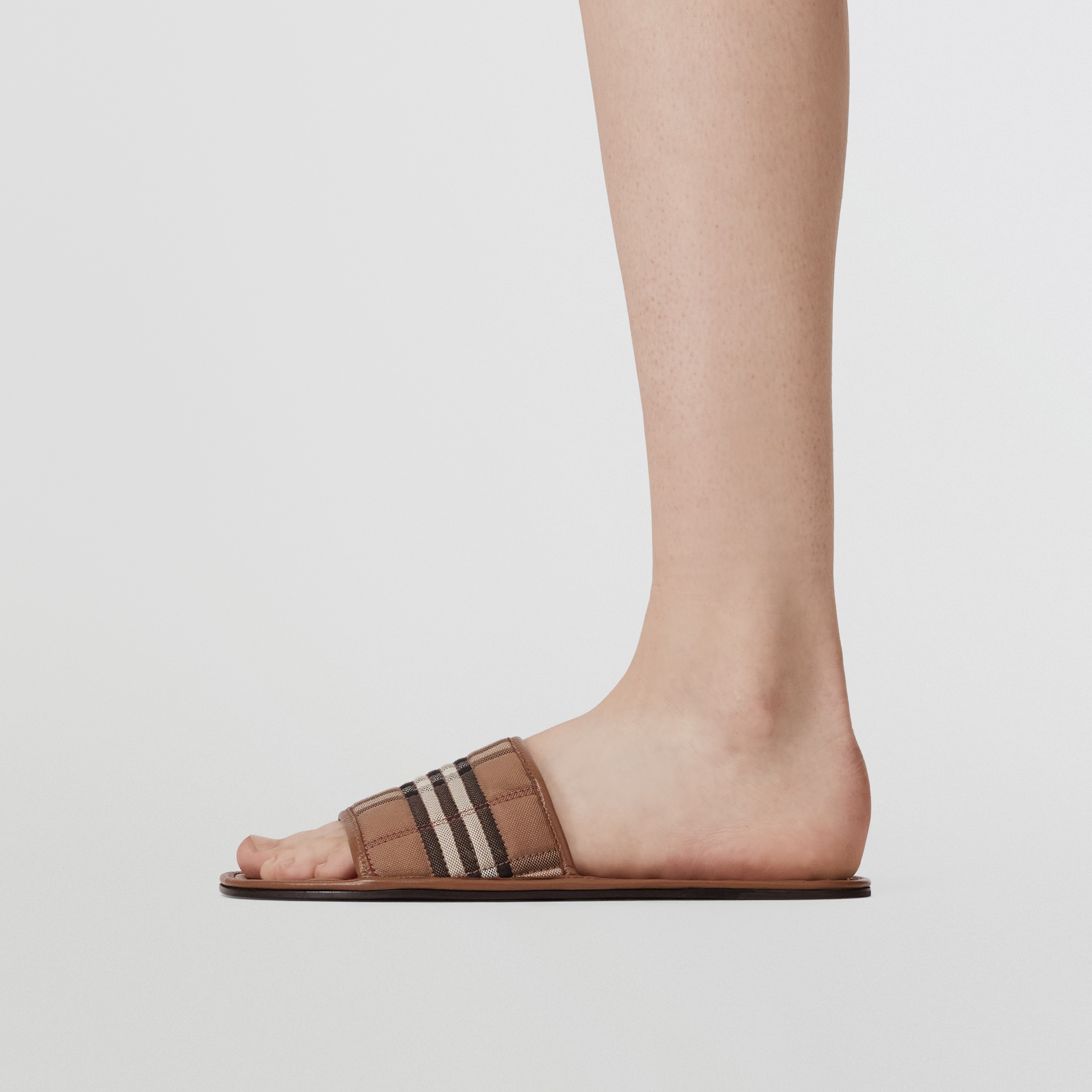 Check Quilted Cotton and Leather Slides in Birch Brown - Women | Burberry® Official - 3