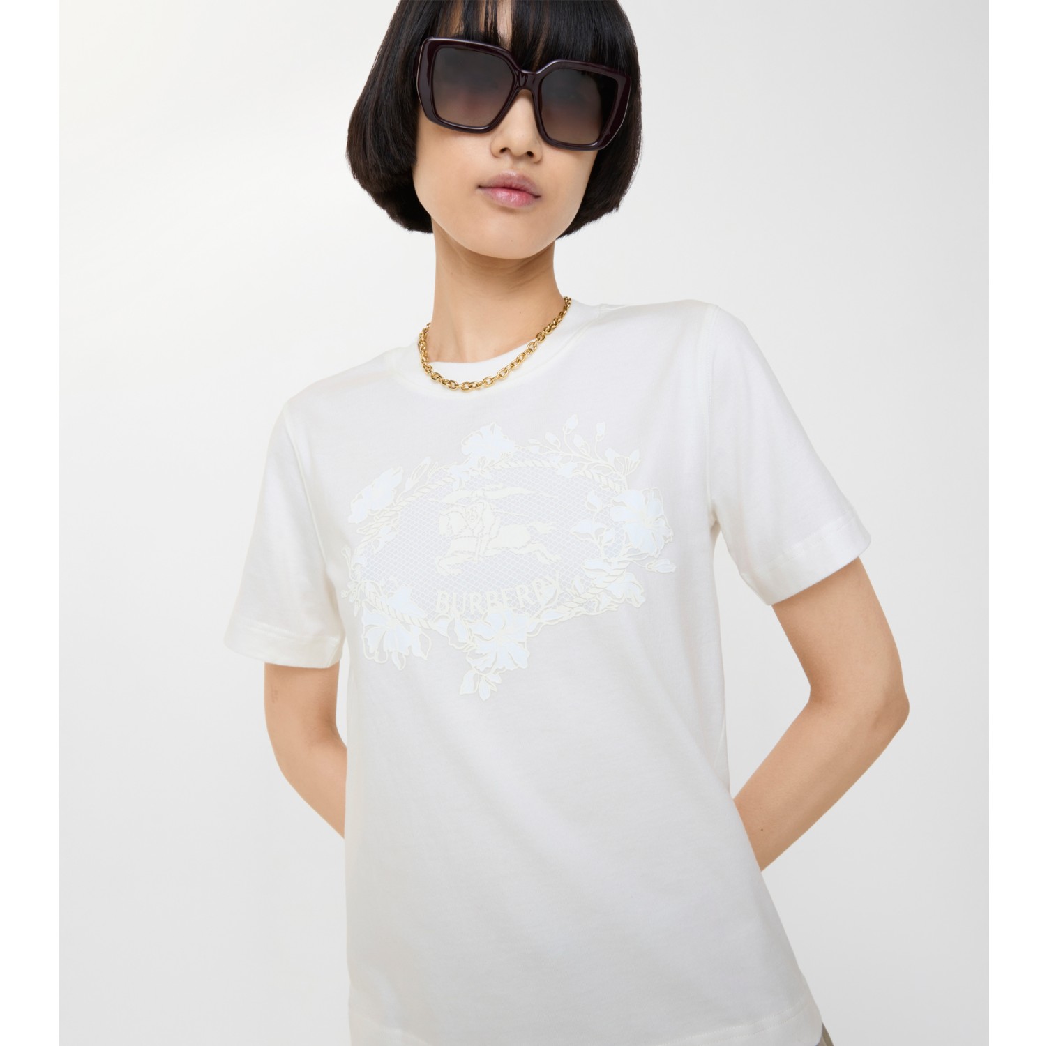 Knight Stamp Cotton T-shirt in Chalk white - Women, Lace | Burberry® Official
