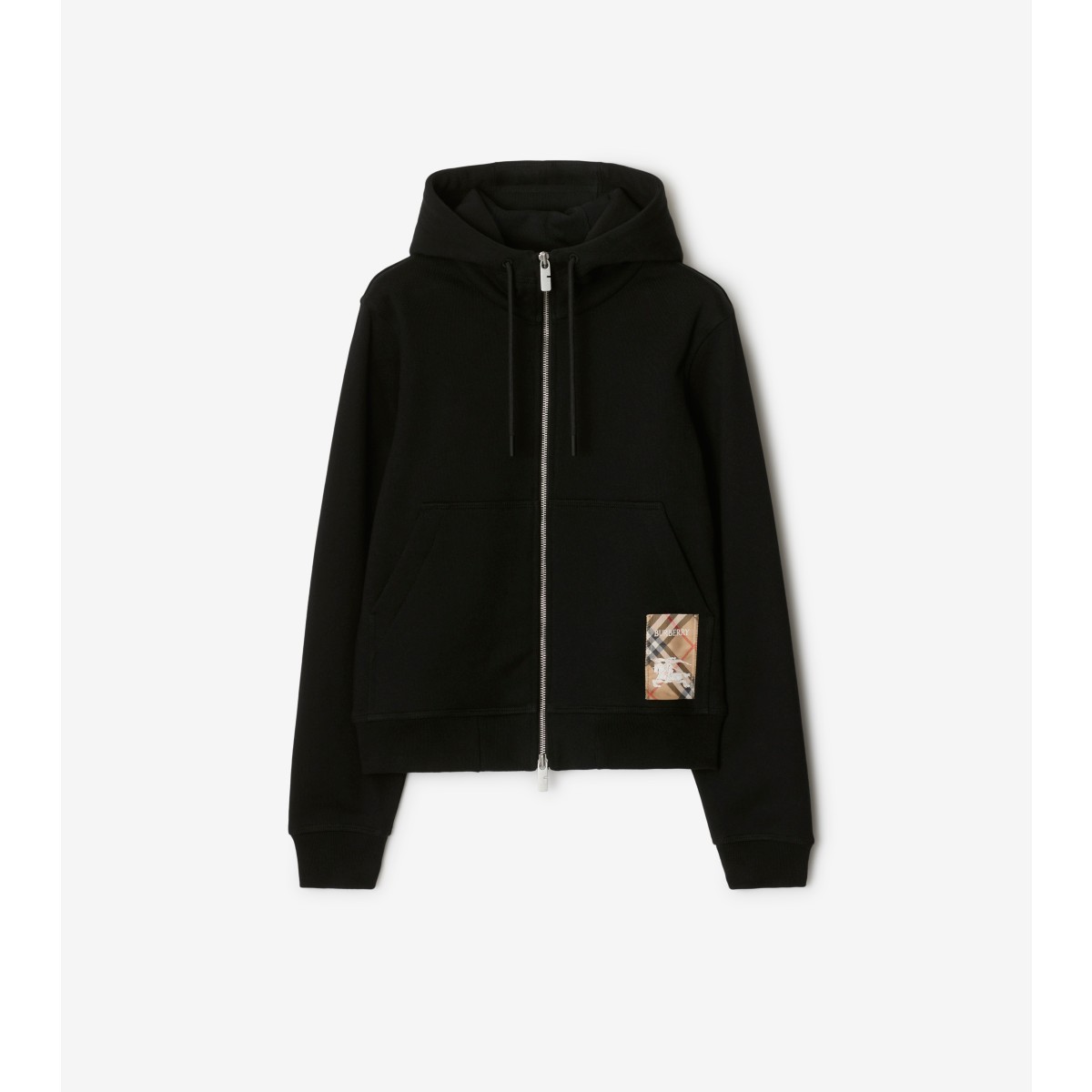 Shop Burberry Check Label Cotton Zip Hoodie In Black