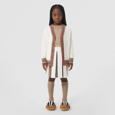 버버리 걸즈 스커트 Burberry Icon Stripe Detail Wool Blend Pleated Skirt,Ivory