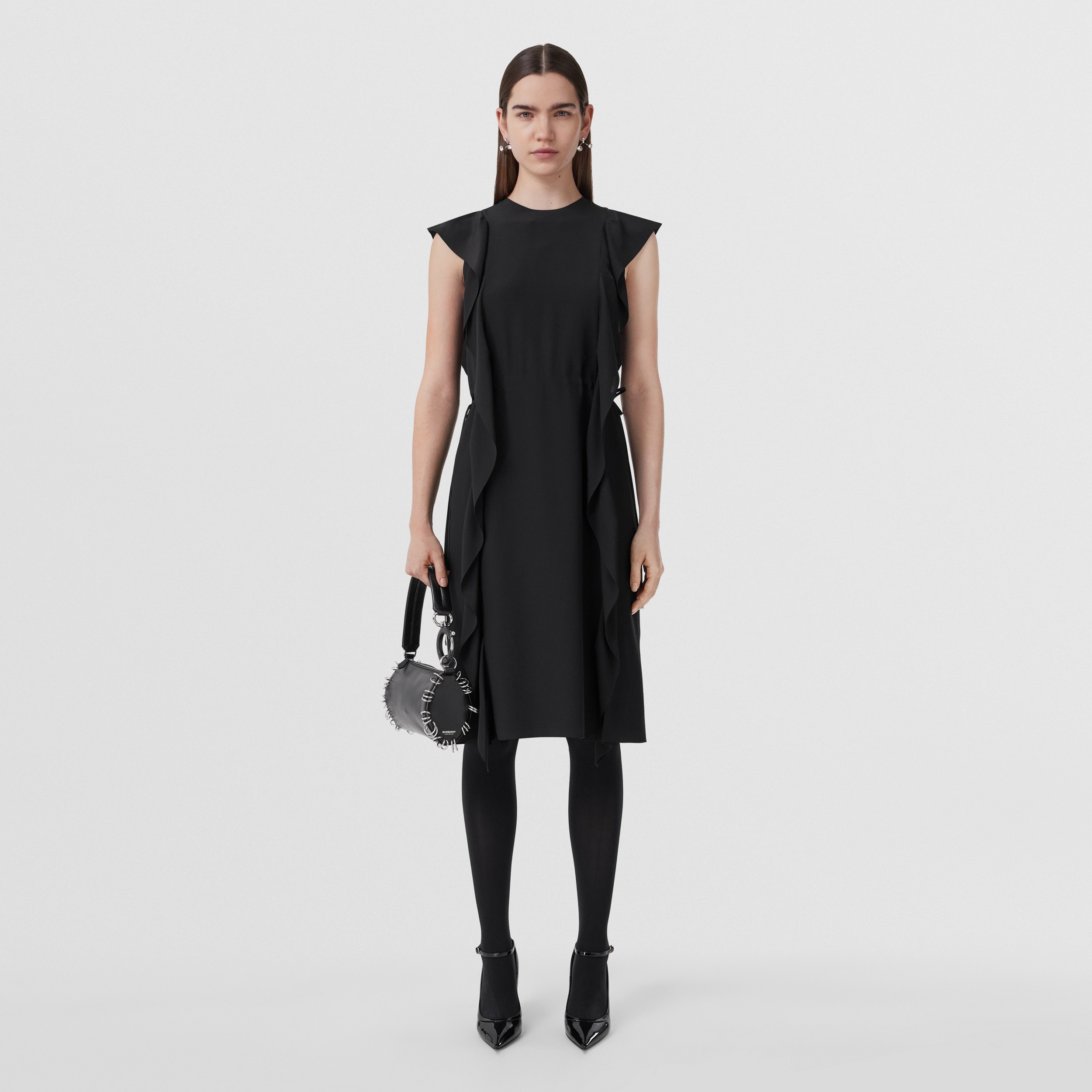 Ruffle Detail Silk Crepe de Chine Dress in Black - Women | Burberry® Official - 1