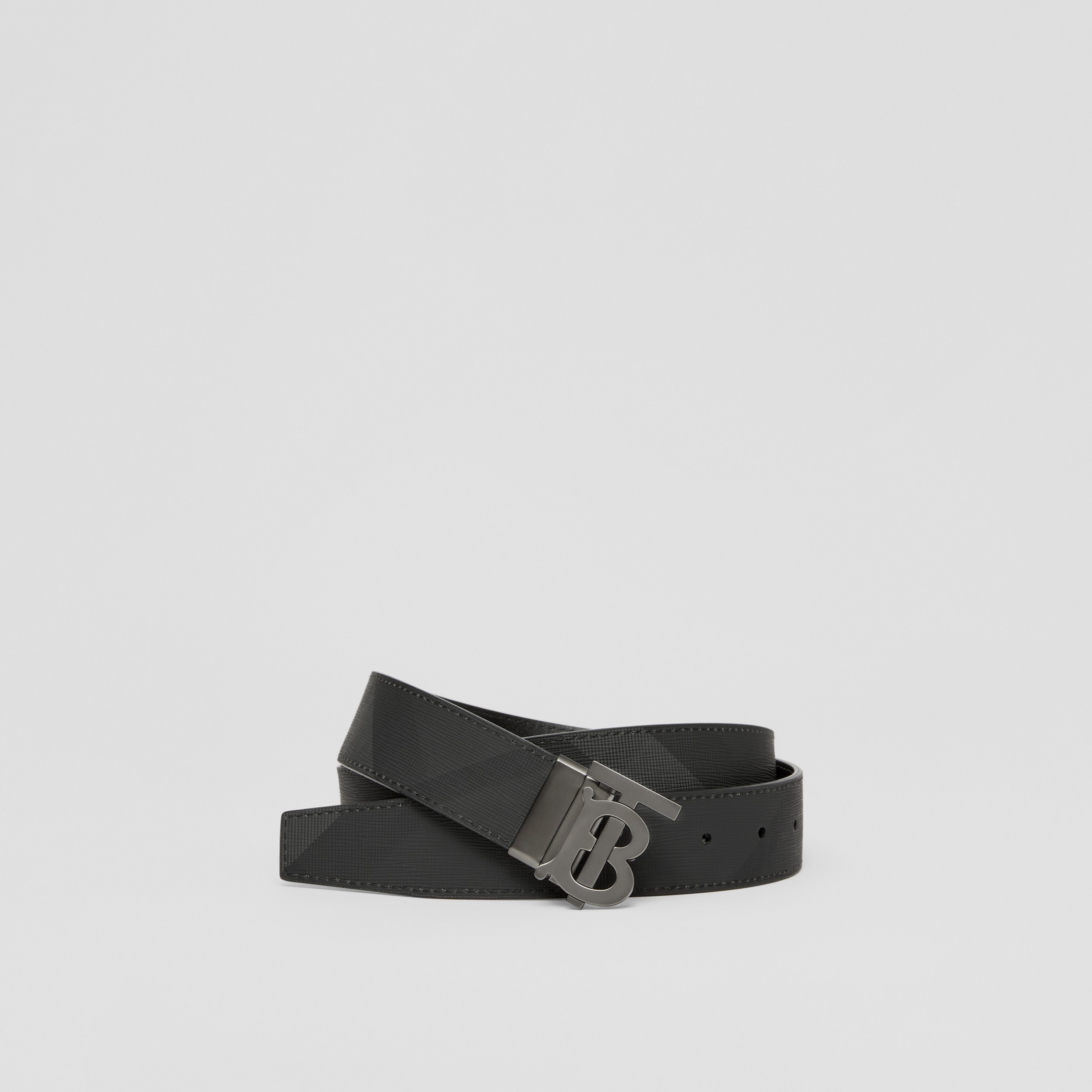 Check and Leather Reversible TB Belt in Charcoal/graphite - Men | Burberry® Official - 1