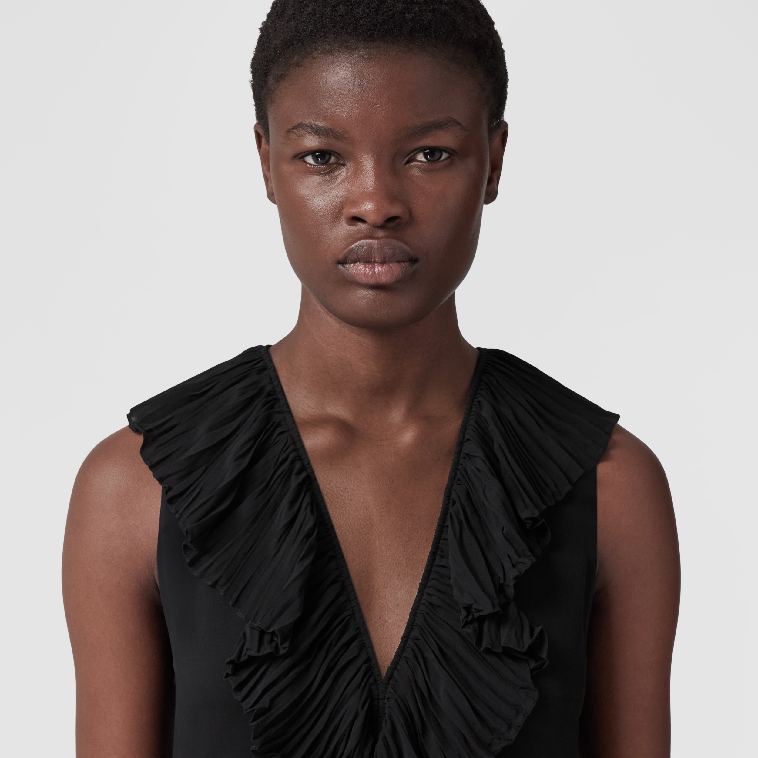 Pleated Ruffle Detail Silk Dress in Black Women Burberry