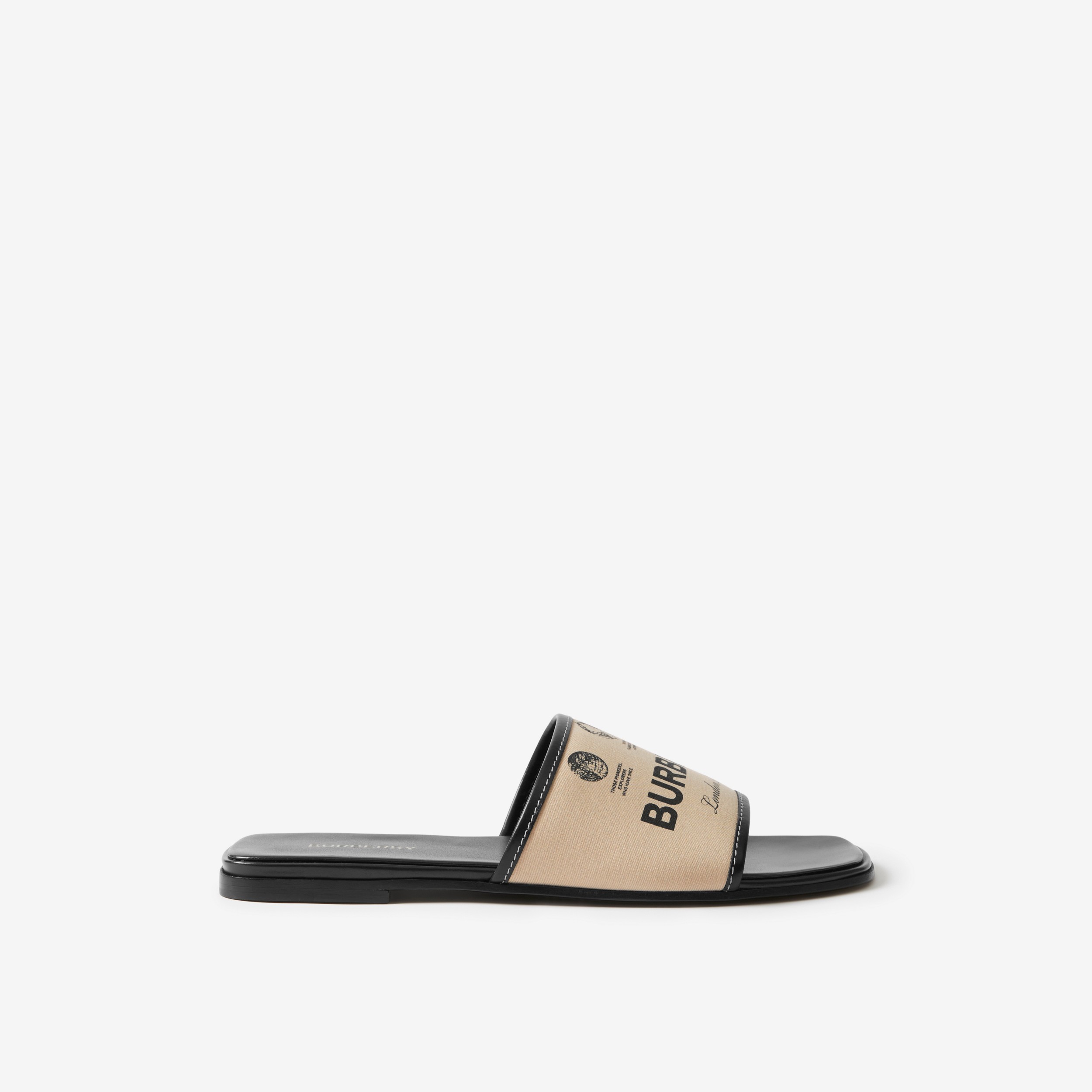 Label Print Gabardine and Leather Slides in Beige - Women | Burberry® Official - 1