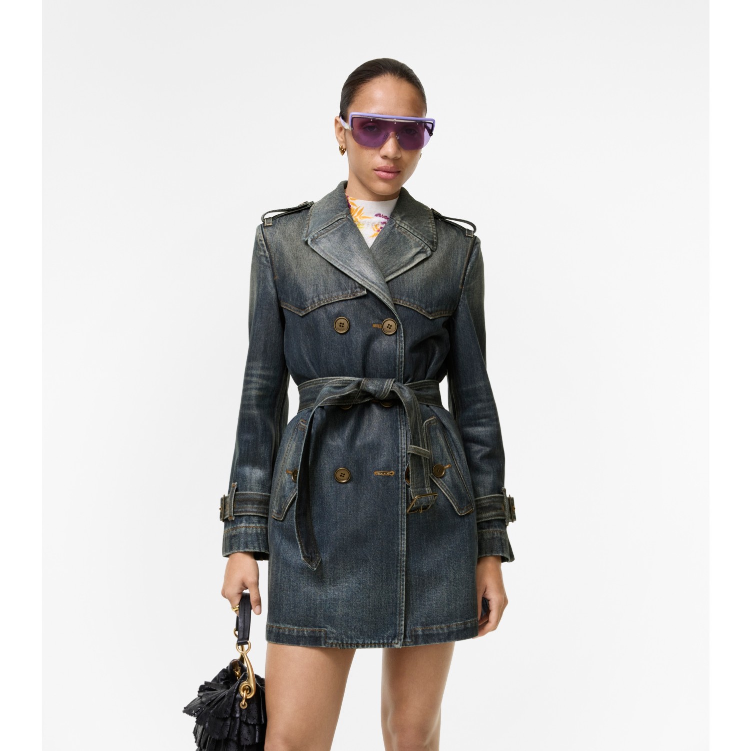 Short Coated Denim Trench Coat in Mid blue - Women, Cotton | Burberry® Official