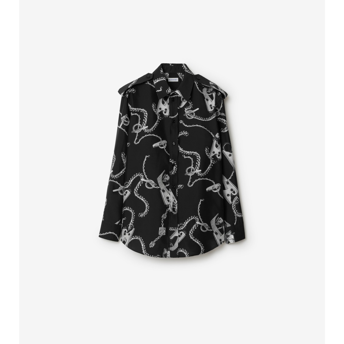 Burberry Chain-print Long-sleeve Collared Silk Top In Silver/black