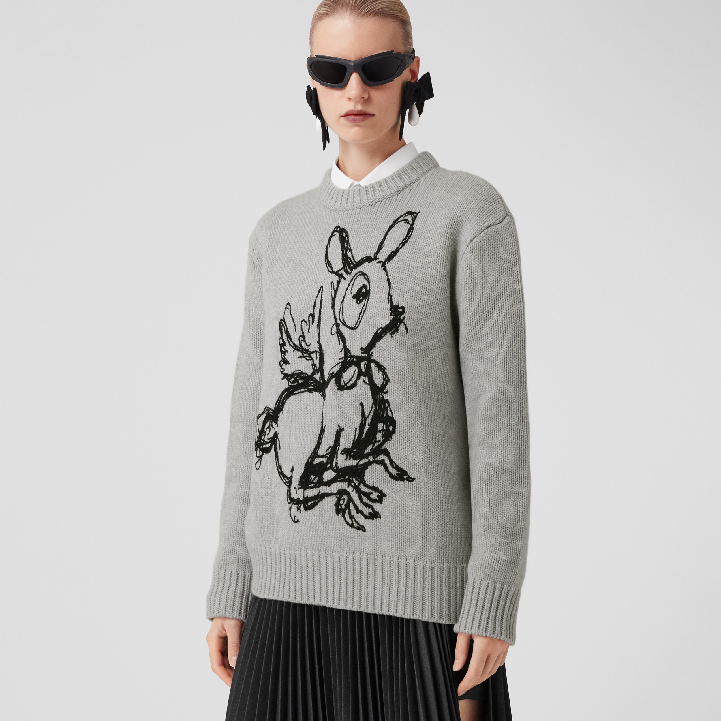 Deer Graphic Wool Cashmere Sweater in Light Pewter Melange - Women | Burberry® Official - 4