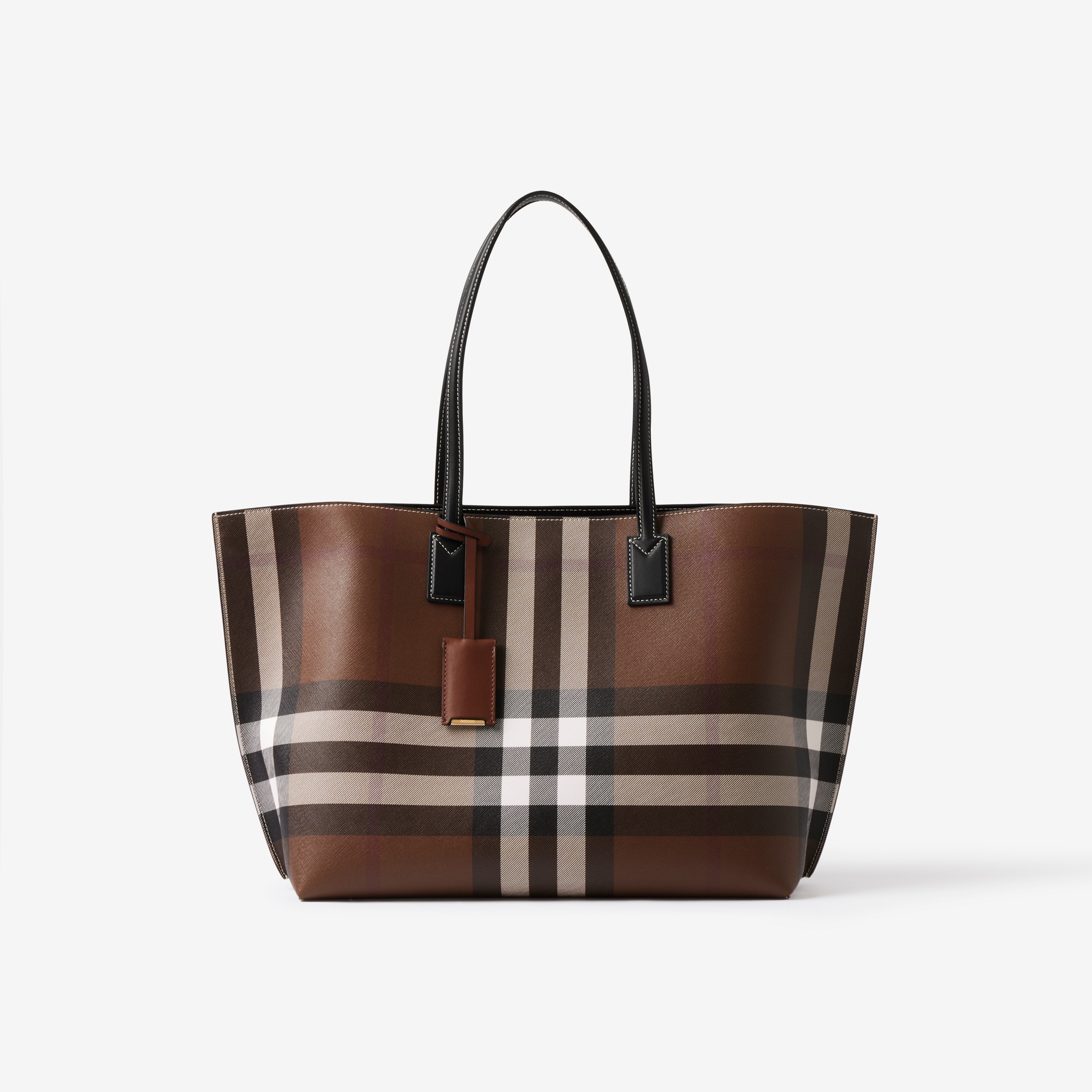 Check and Leather Medium Tote in Dark Birch Brown | Burberry® Official - 1