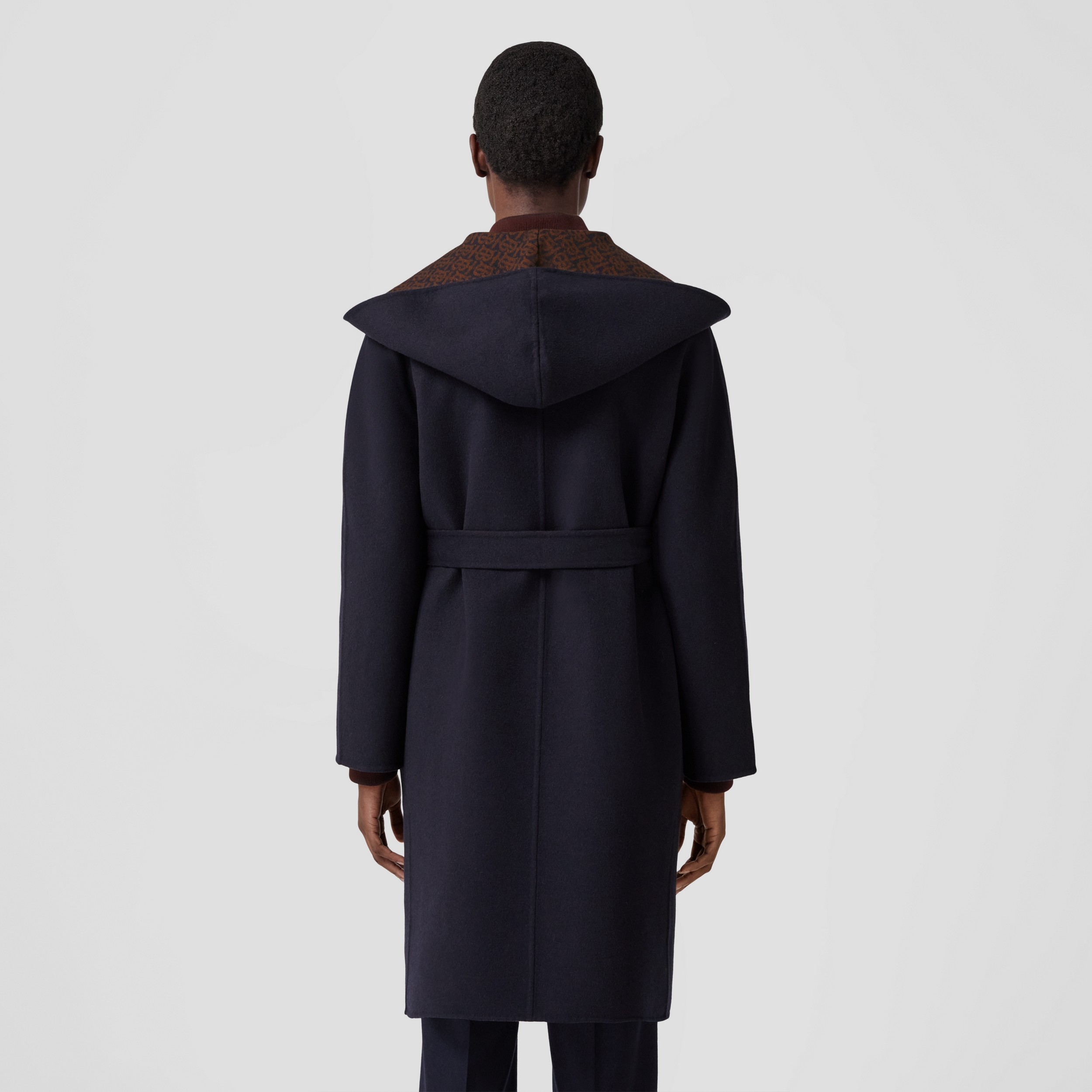 Monogram Motif Wool Cashmere Hooded Wrap Coat in Dark Charcoal Blue - Women | Burberry® Official - 3