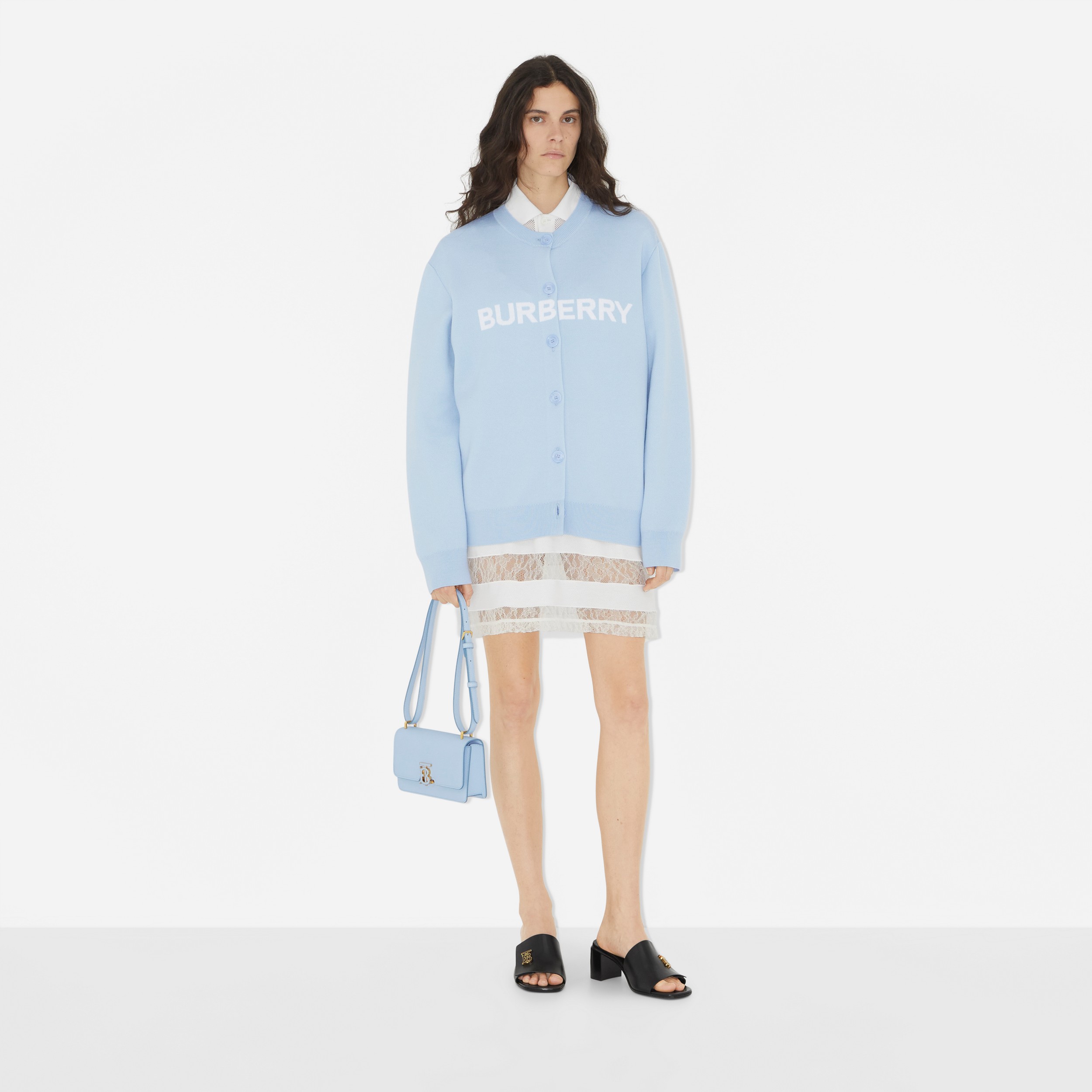 Logo Wool Cotton Jacquard Oversized Cardigan in Pale Blue - Women | Burberry® Official - 2