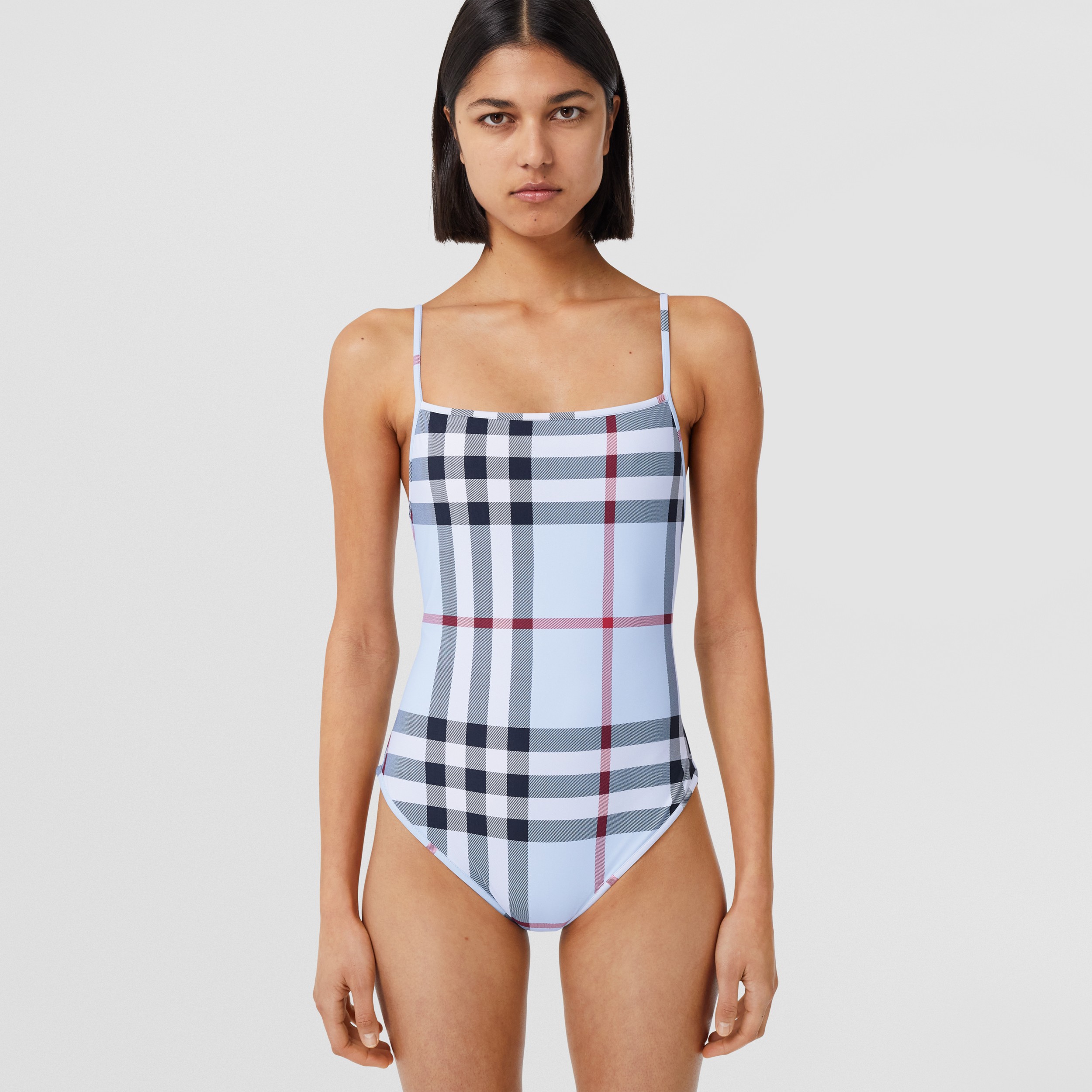 Check Stretch Nylon Swimsuit in Pale Blue - Women | Burberry® Official - 1