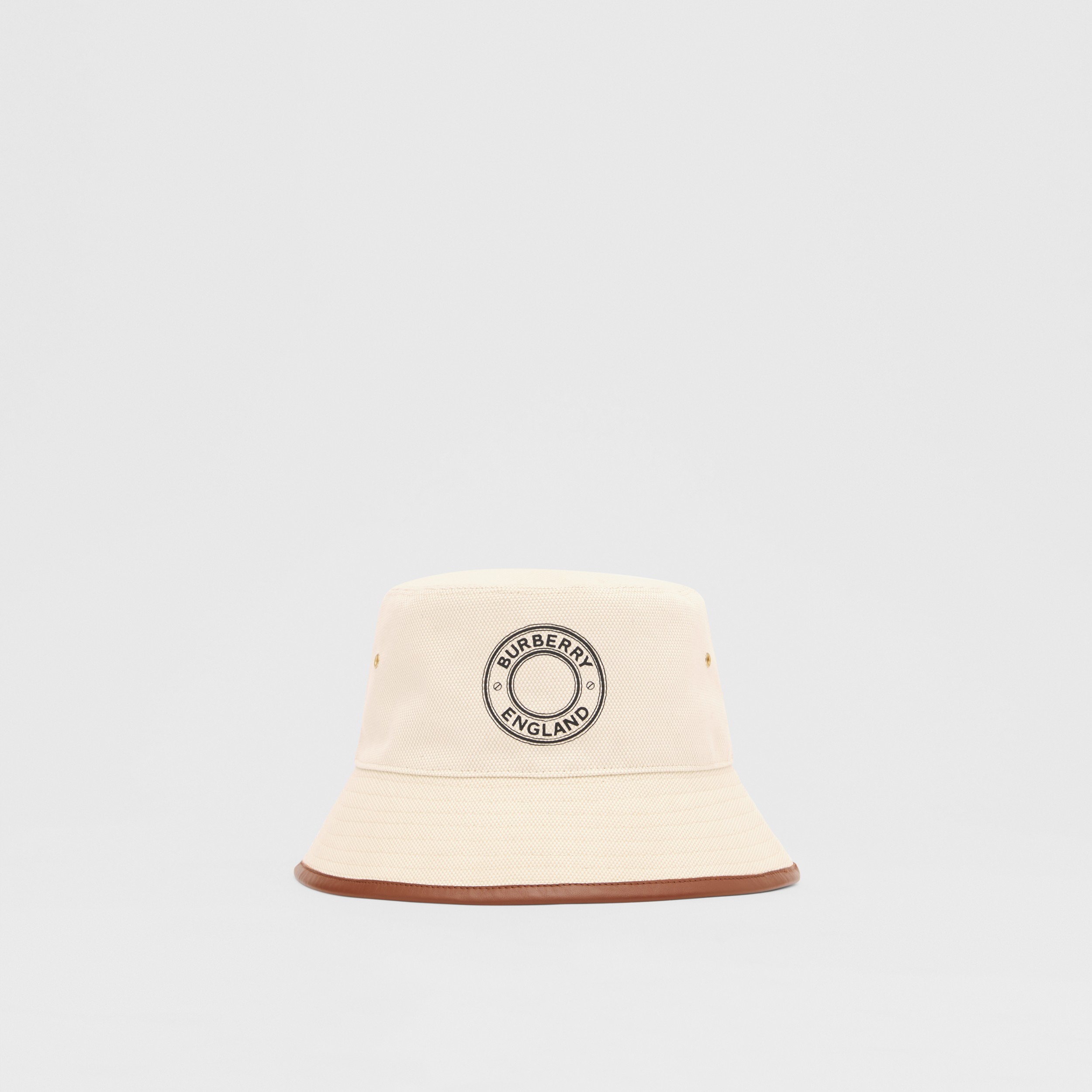 Leather Trim Logo Graphic Cotton Bucket Hat in Beige | Burberry® Official - 1