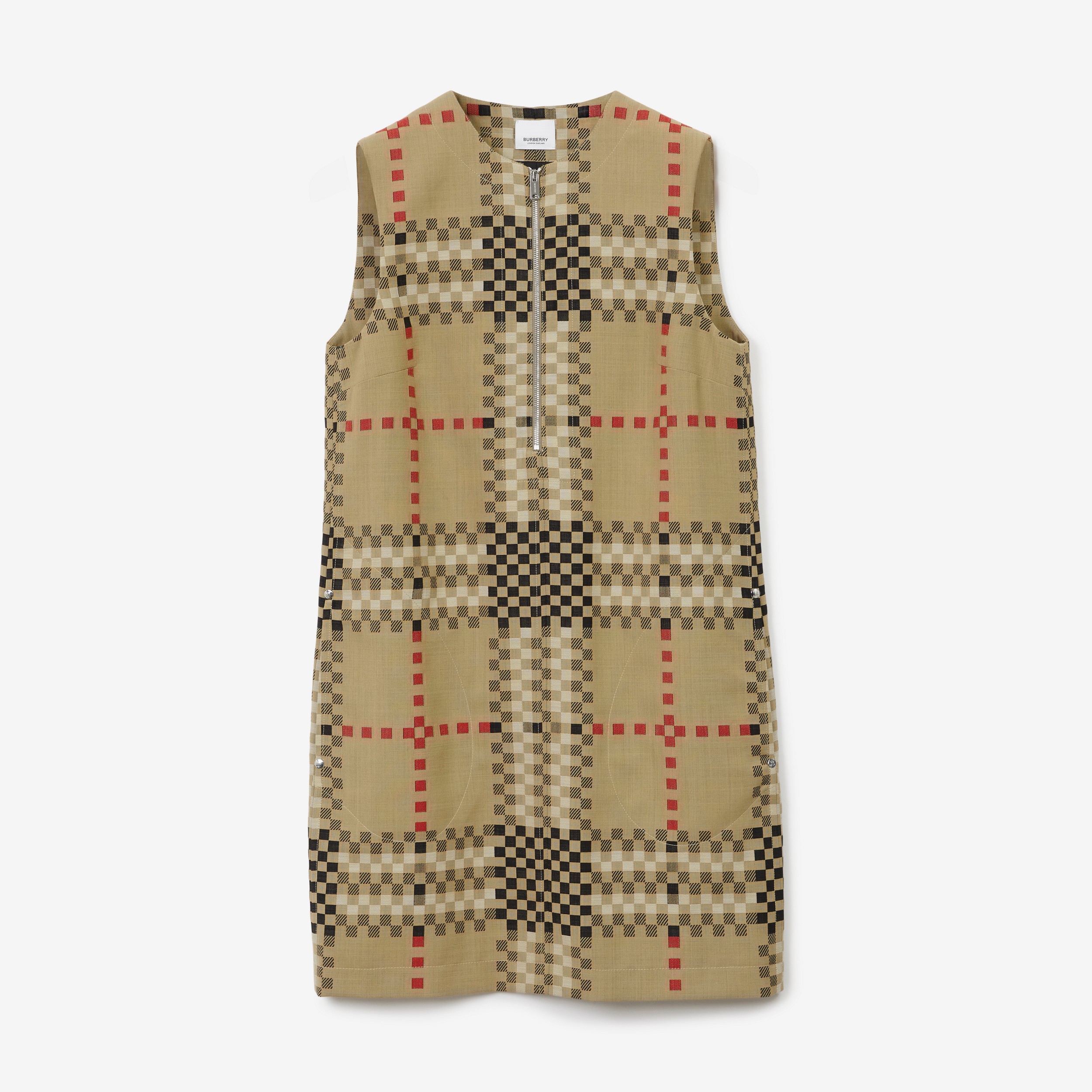 Sleeveless Pixel Check Wool Dress in Archive Beige - Women | Burberry® Official - 1