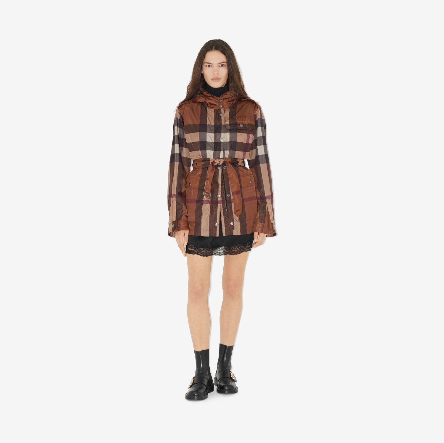 Check Nylon Hooded Field Jacket in Dark Birch Brown - Women | Burberry® Official