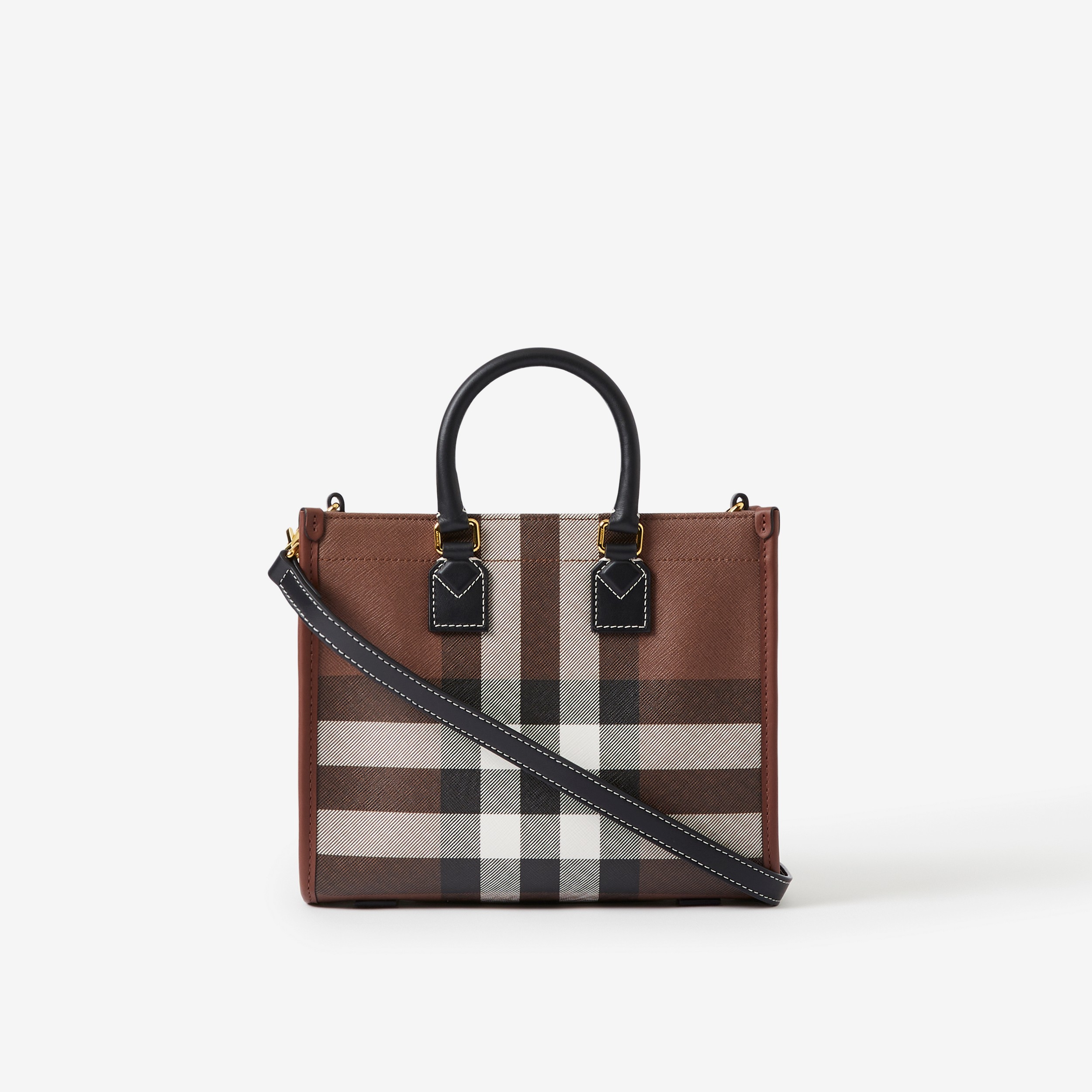 Check and Leather Mini Freya Tote in Dark Birch Brown - Women | Burberry® Official - 3