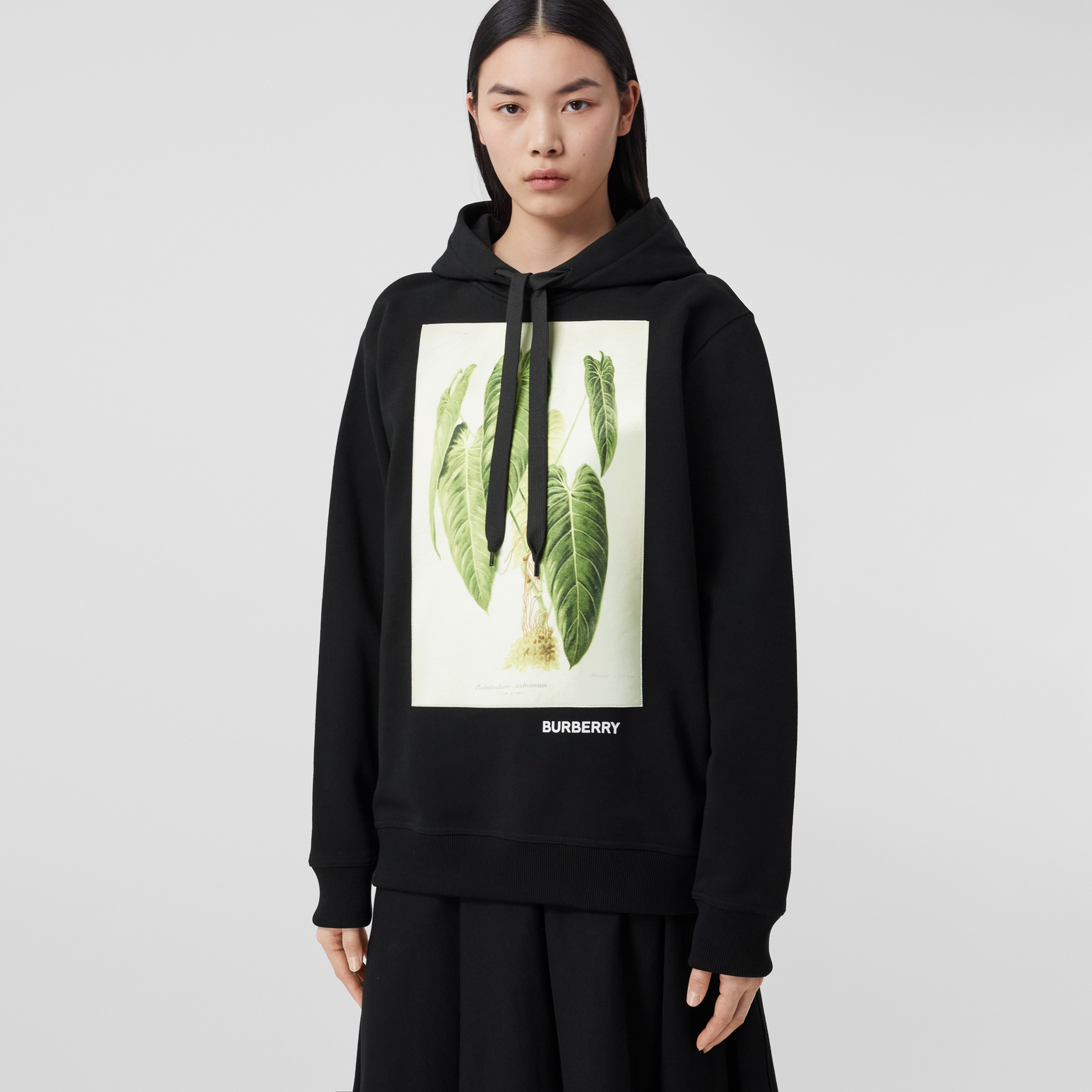 Botanical Sketch Print Cotton Oversized Hoodie in Black - Women | Burberry® Official - 1