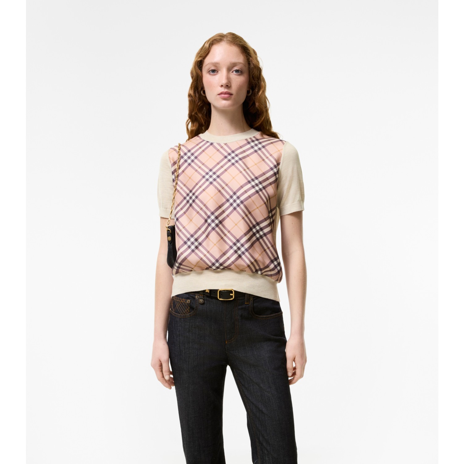 Check Panel Wool Silk T-shirt