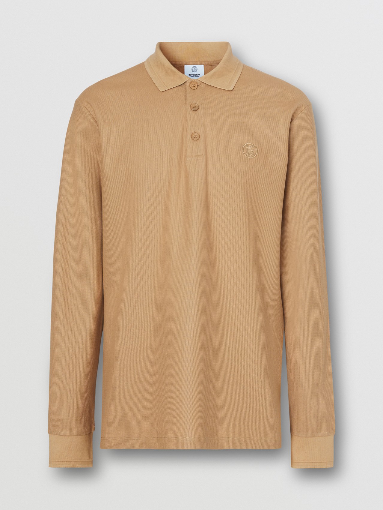 Camisa polo de algodão piquê com mangas longas e monograma in Camel