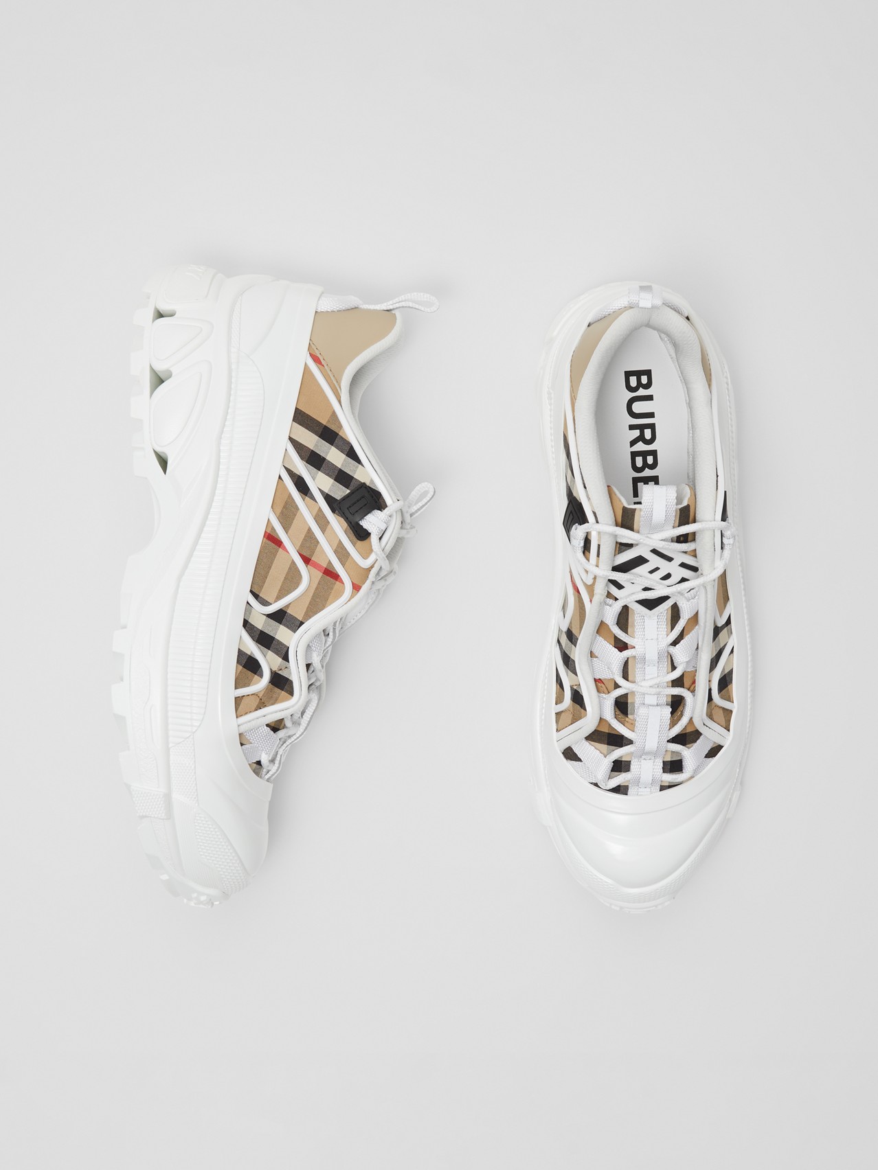 Vintage Check Cotton and Leather Arthur Sneakers by Burberry, available on burberry.com for $690 Bella Hadid Shoes SIMILAR PRODUCT