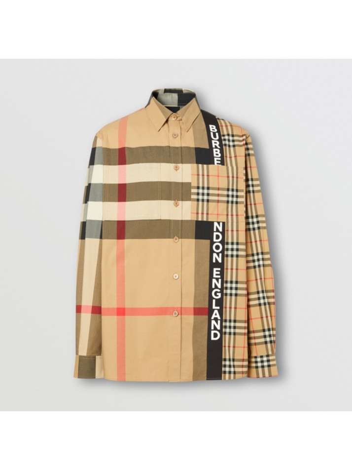 徽标印花镶拼格纹棉质宽松衬衫