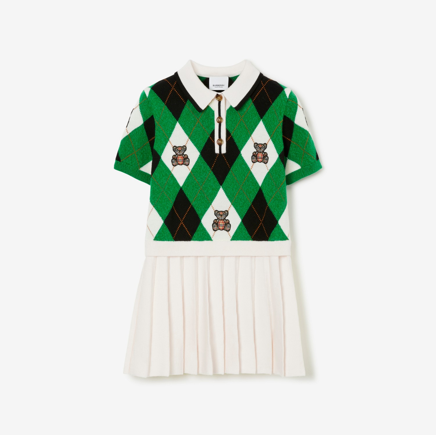 Vestido de lã e cashmere com estampa Argyle e Thomas Bear (Verde Abeto) | Burberry® oficial