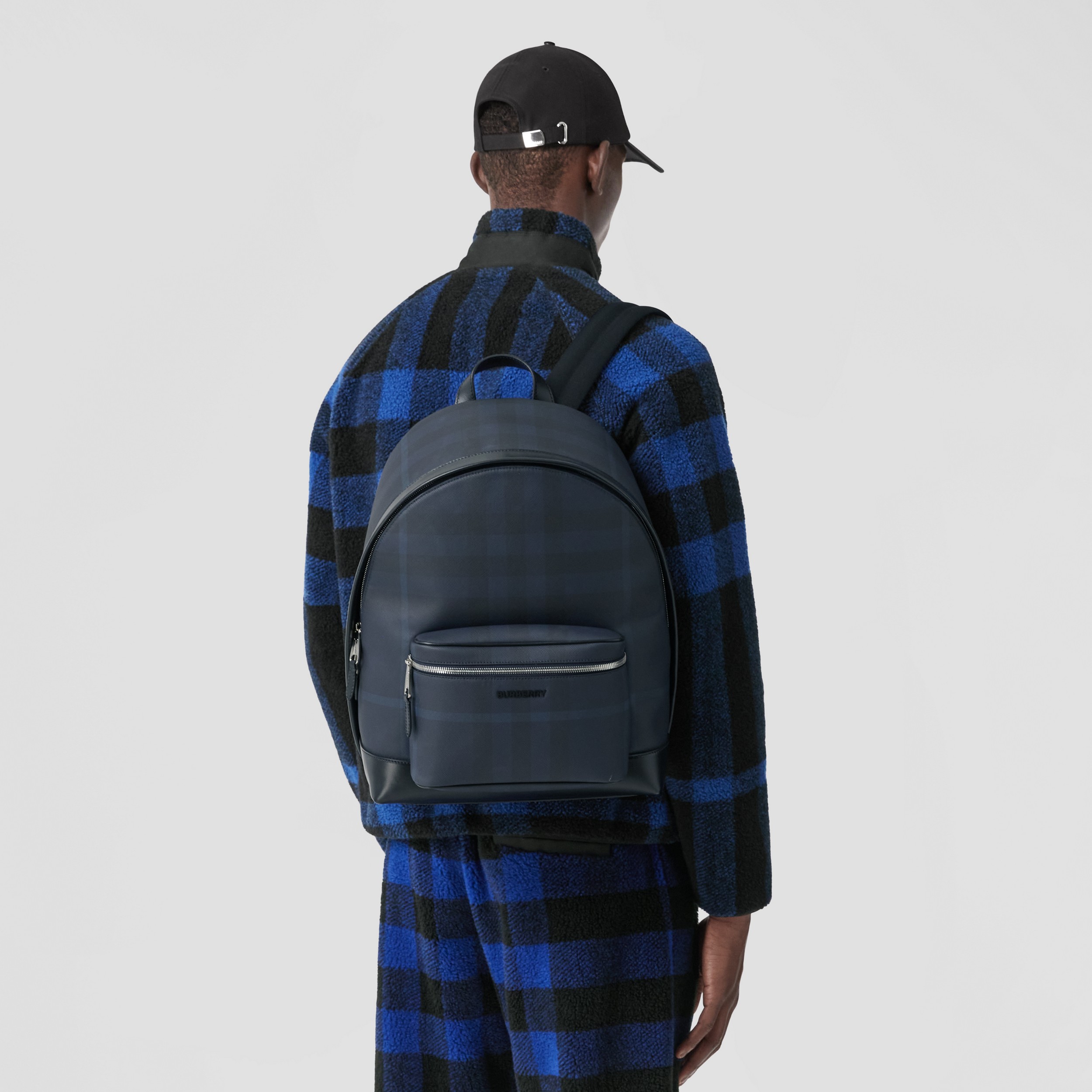Exaggerated Check and Leather Backpack in Navy Blue - Men | Burberry® Official - 3