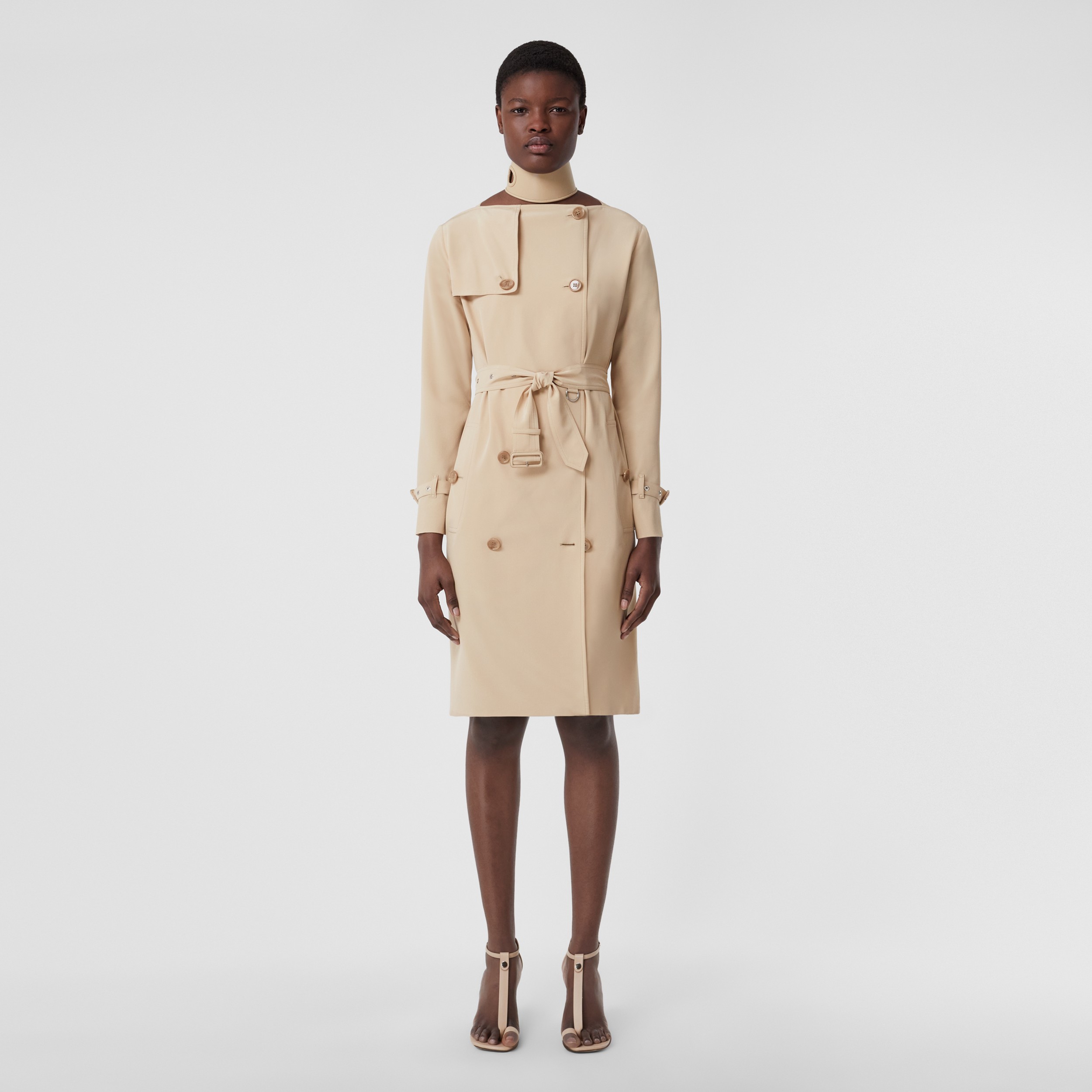 Silk Crepe de Chine Boat-neck Trench Dress in Soft Fawn - Women | Burberry® Official - 1