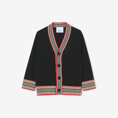 Icon Stripe Trim Wool Cardigan in Black - Children | Burberry® Official