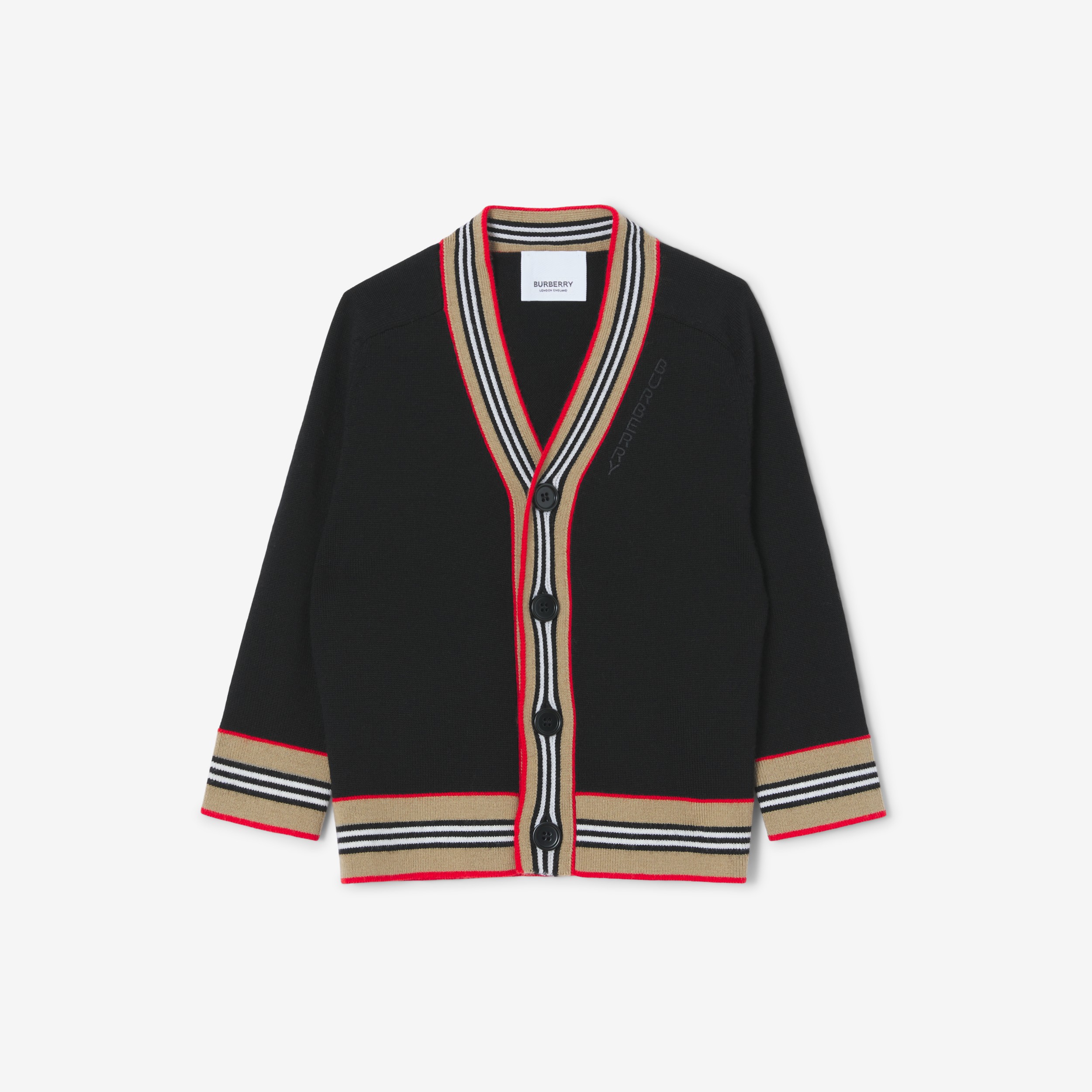 Icon Stripe Trim Wool Cardigan in Black - Children | Burberry® Official