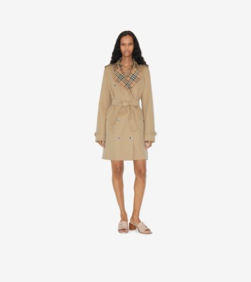 Short Check Collar Gabardine Trench Coat In Honey - Women | Burberry ...