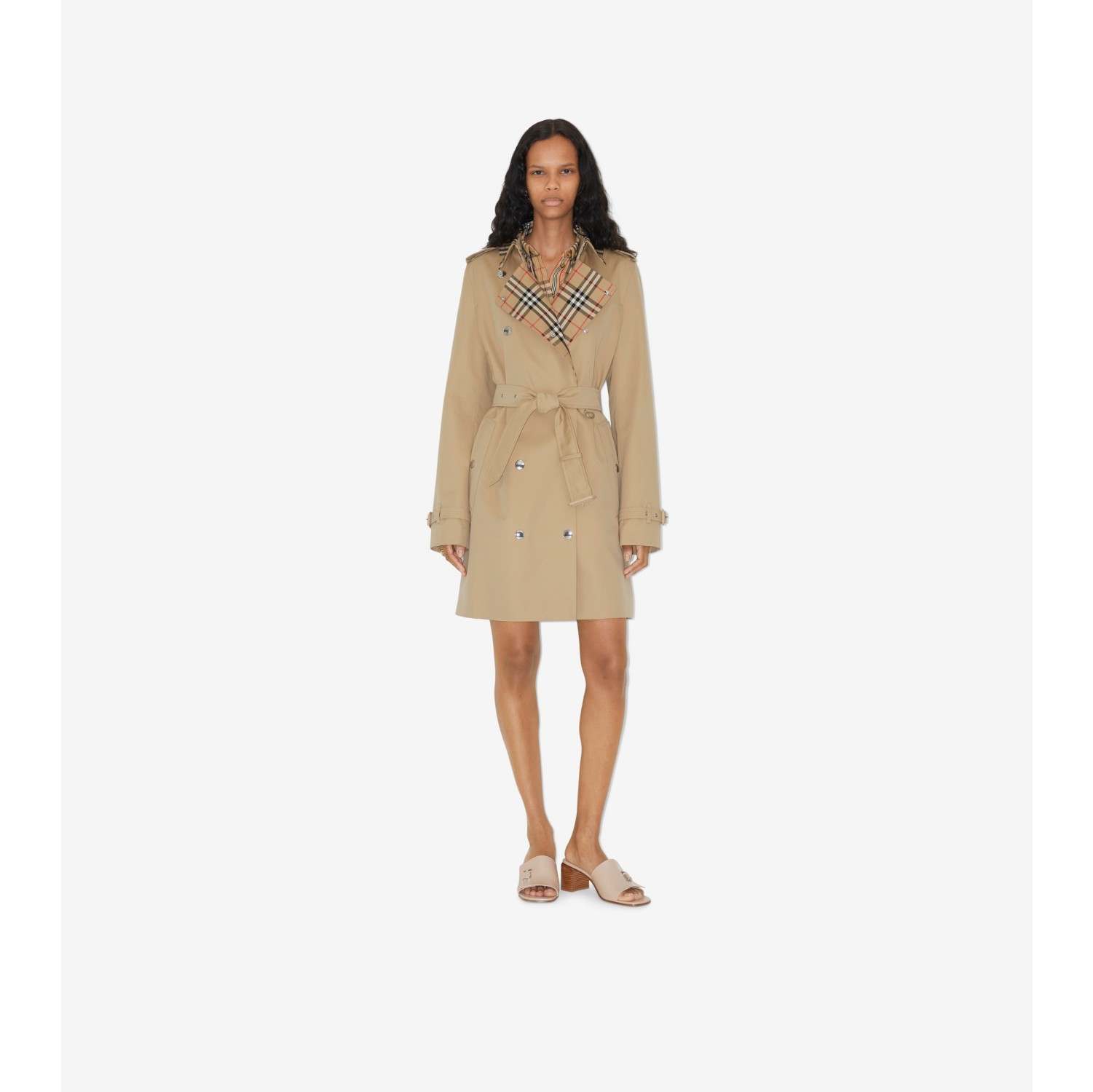 Short Check Collar Gabardine Trench Coat in Dusty caramel