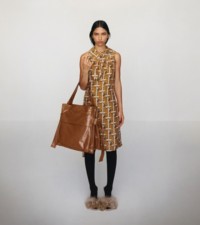 Bus print silk dress in pumpkin 