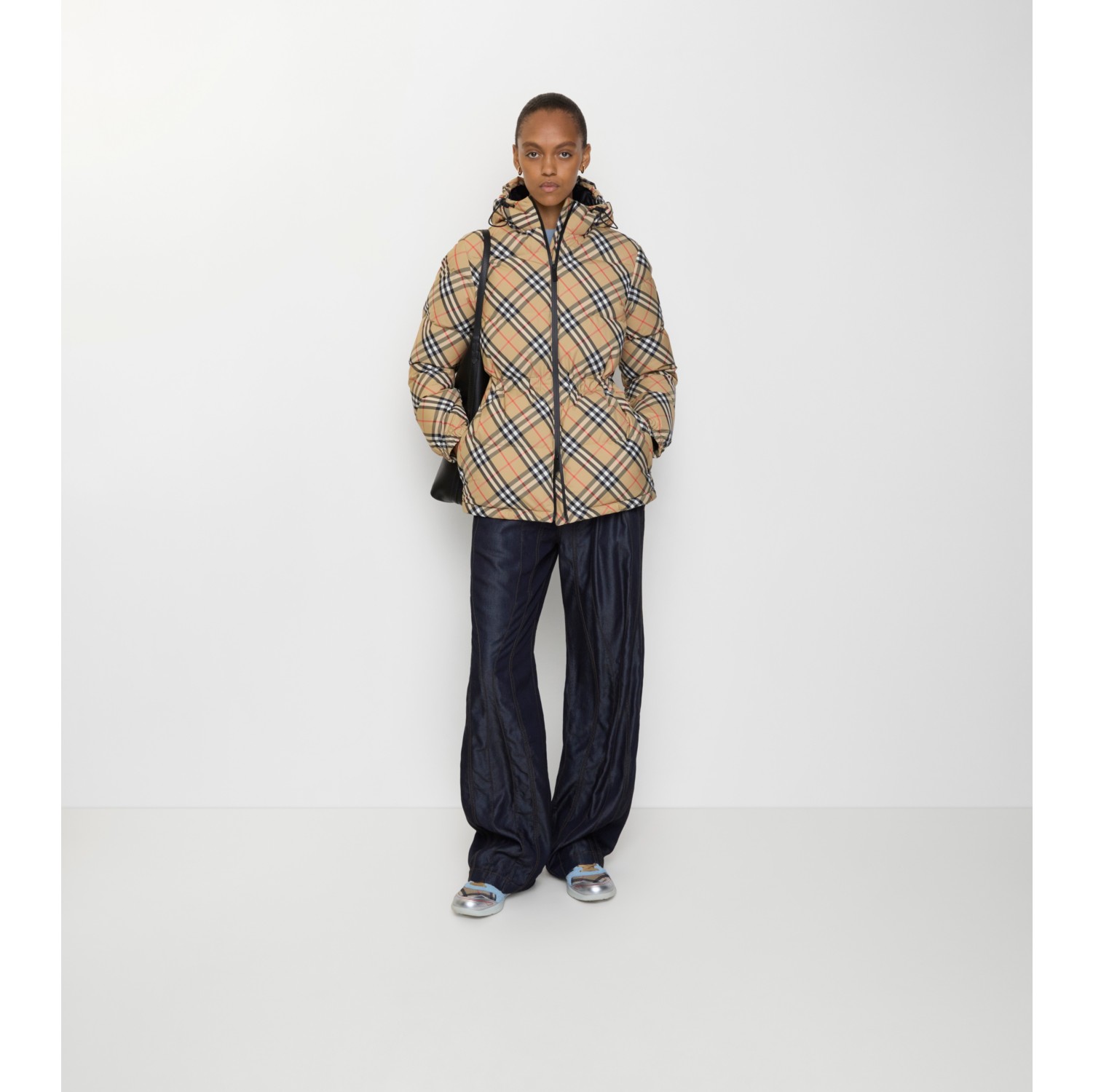 Check Nylon Hooded Puffer Jacket in Sand - Women | Burberry® Official