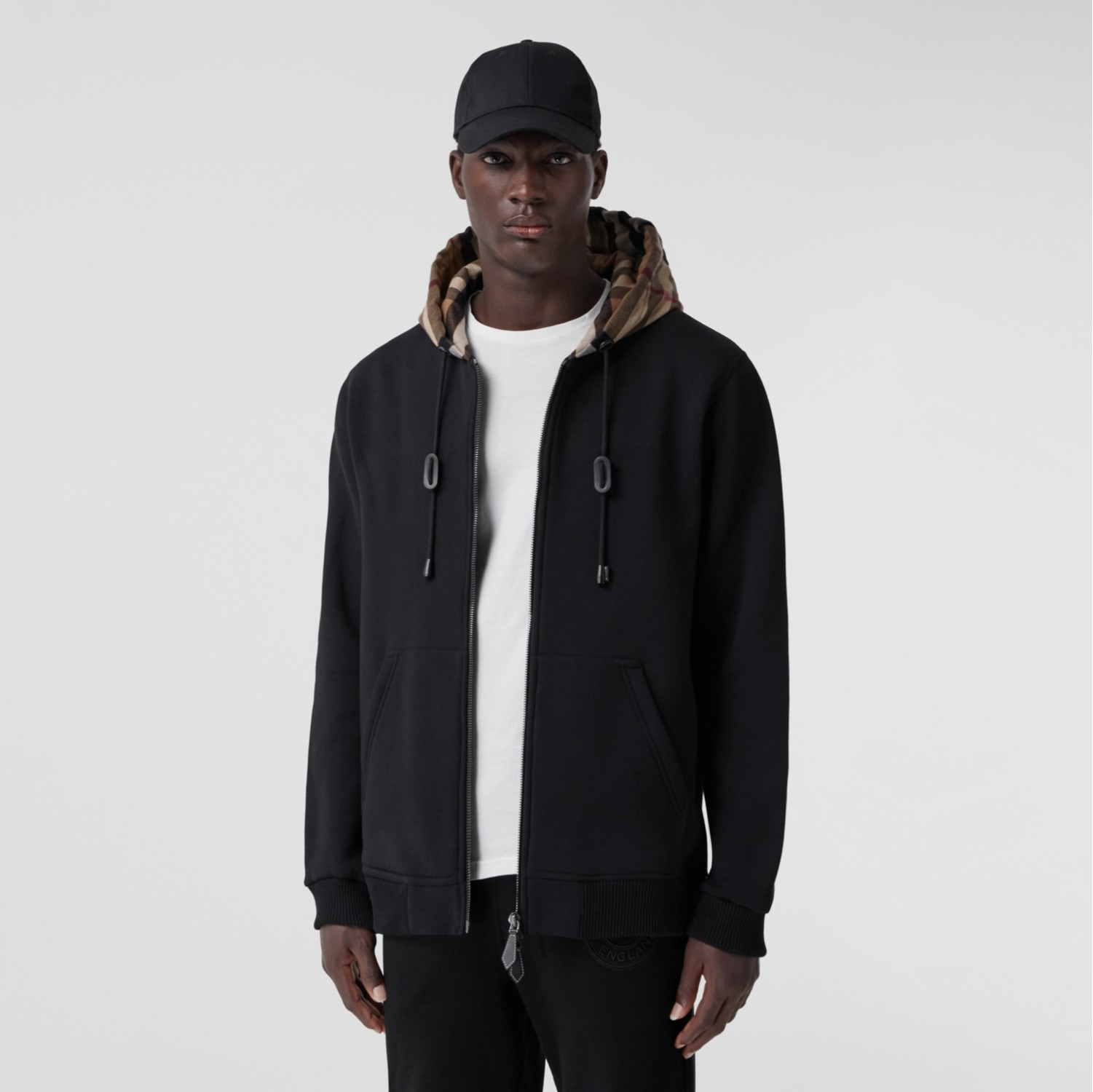 Check Hood Cotton Blend Zip Hoodie in Black/birch Brown - Men | Burberry® Official