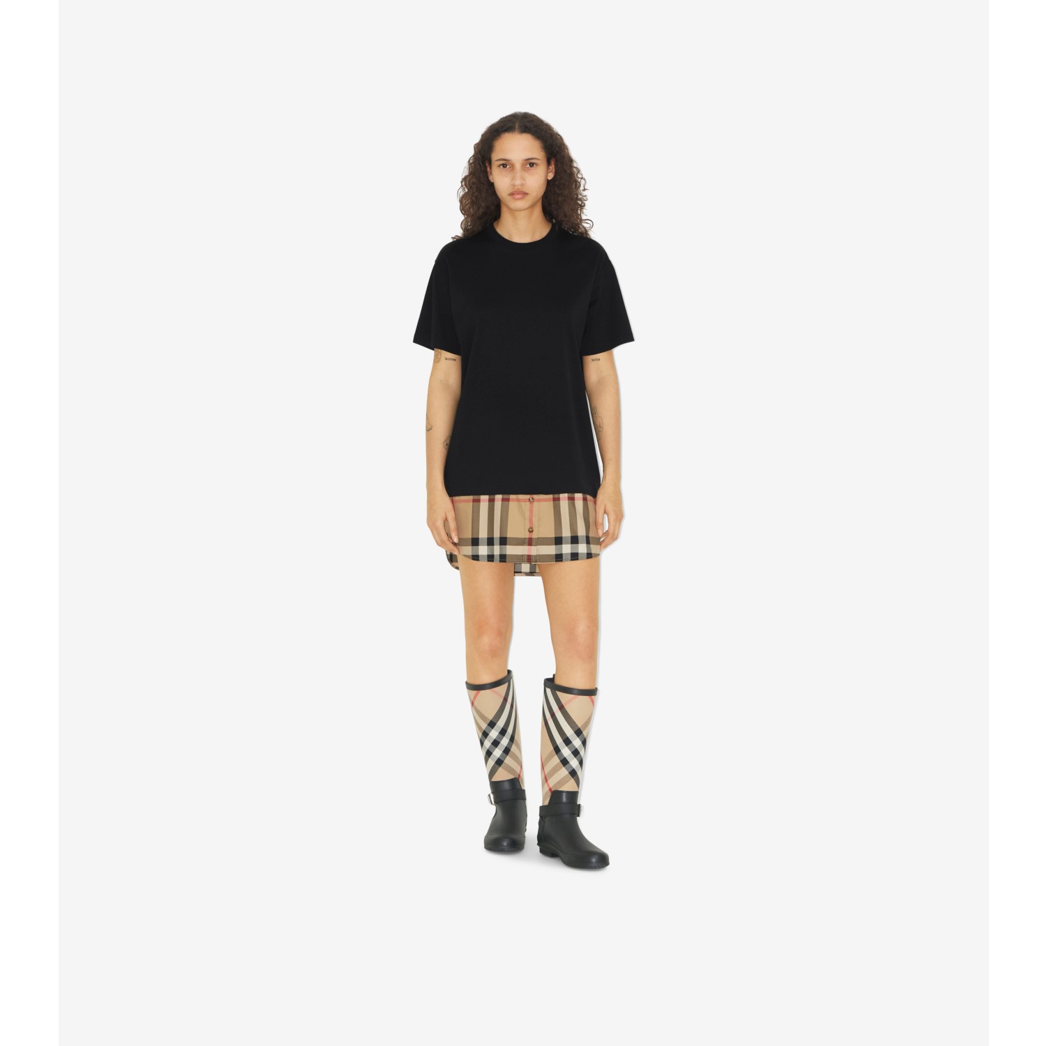 Check Panel Cotton Oversized T-shirt in Black - Women | Burberry