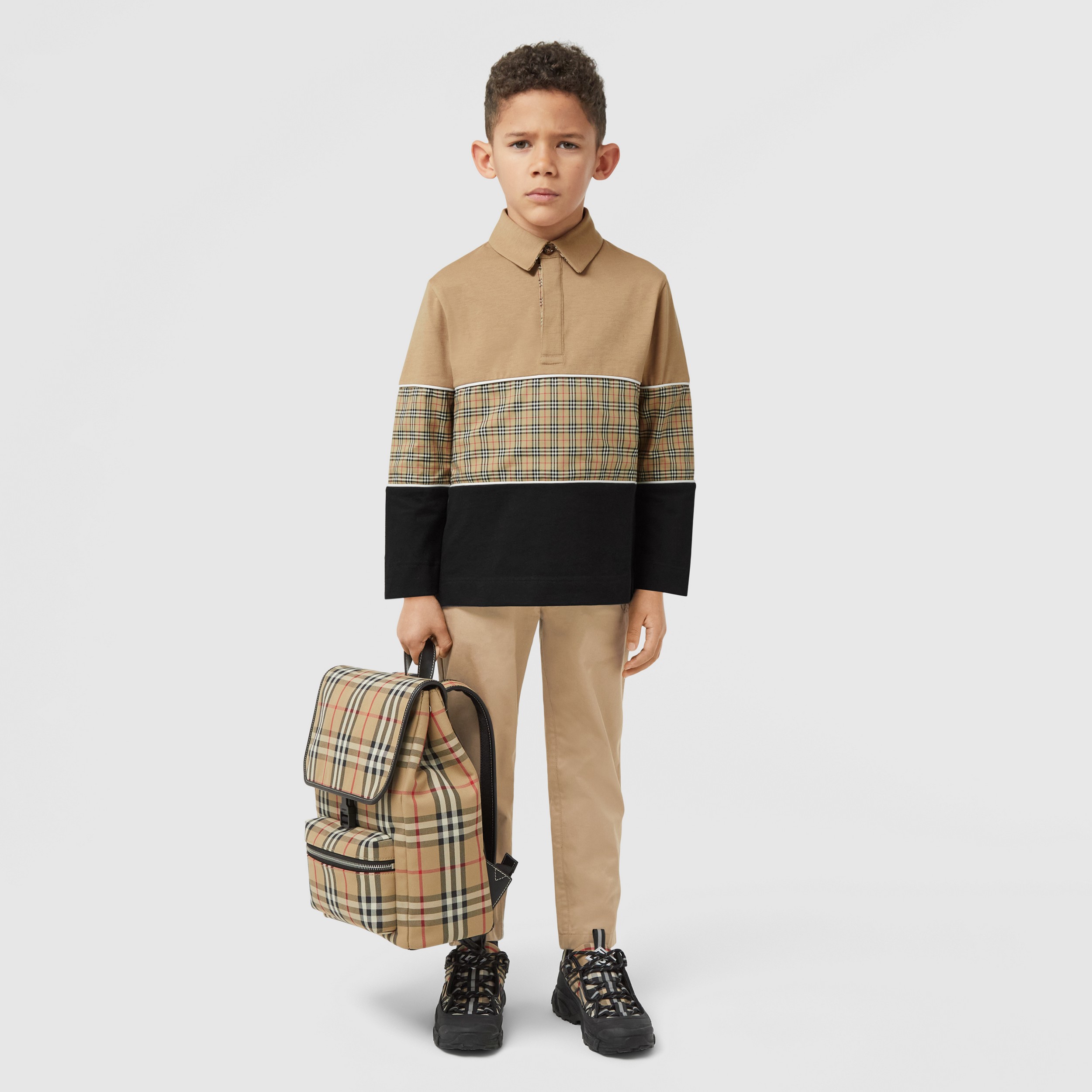 Long-sleeve Check Panel Cotton Polo Shirt in Archive Beige | Burberry® Official - 3