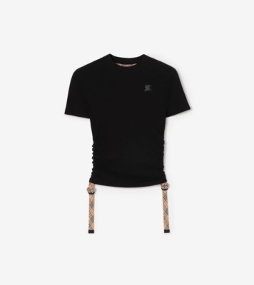 Check Trim Stretch Modal Cashmere T-shirt in Black - Women, Nylon