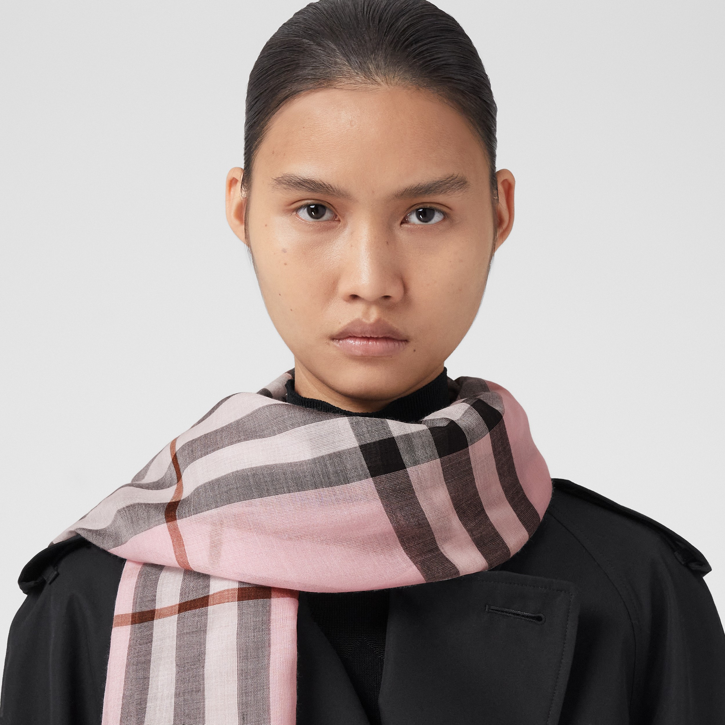 Check Lightweight Wool Silk Scarf in Pale Candy Pink | Burberry® Official - 3