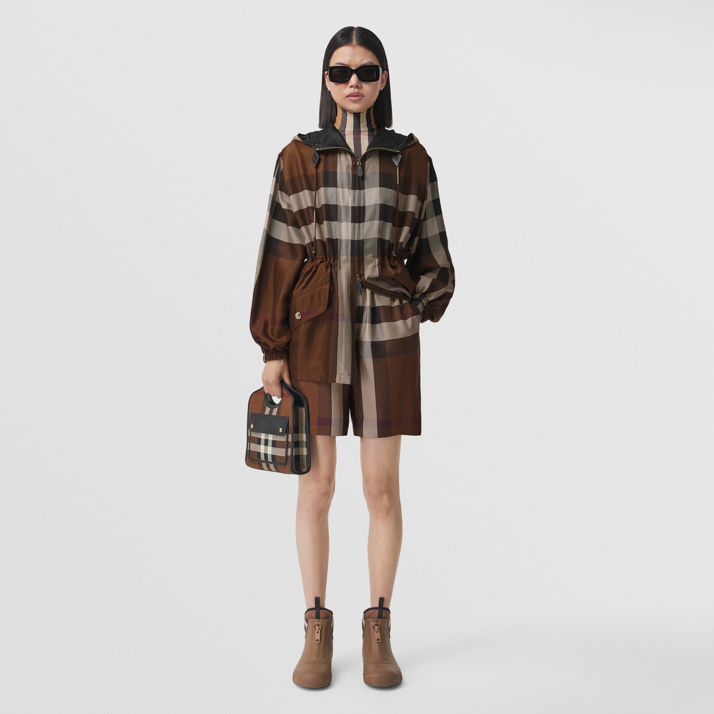 Exaggerated Check Silk Shorts in Dark Birch Brown - Women | Burberry® Official - 4